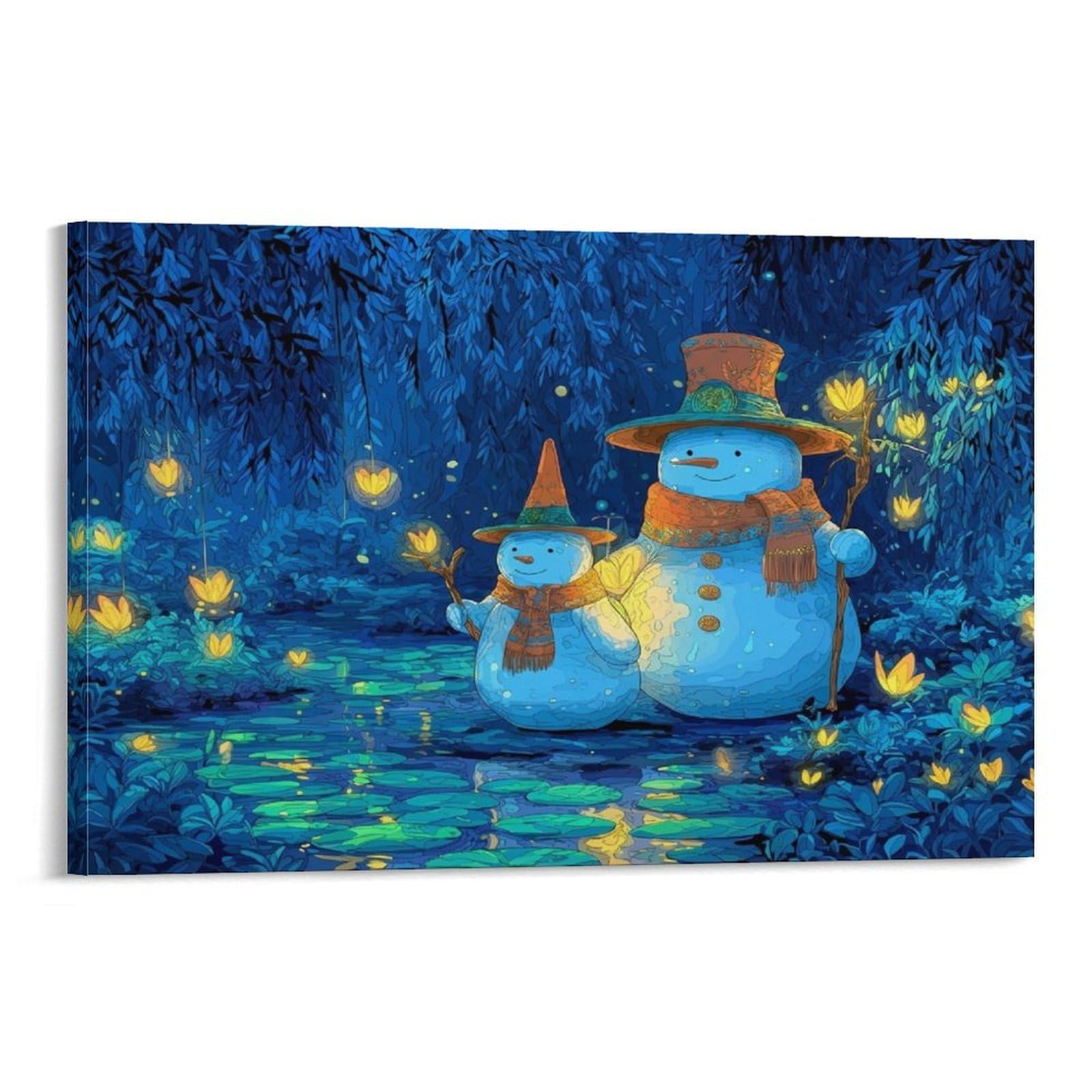 CPLVKWRQJ Snowman Couple Night 1 Piece Two Snowmen Glowing Lantern Forest Night Framed Canvas Print - Living Room Focal Point Fade Resistant Ready to Hang Wall Art 12x18inch(30x45cm)