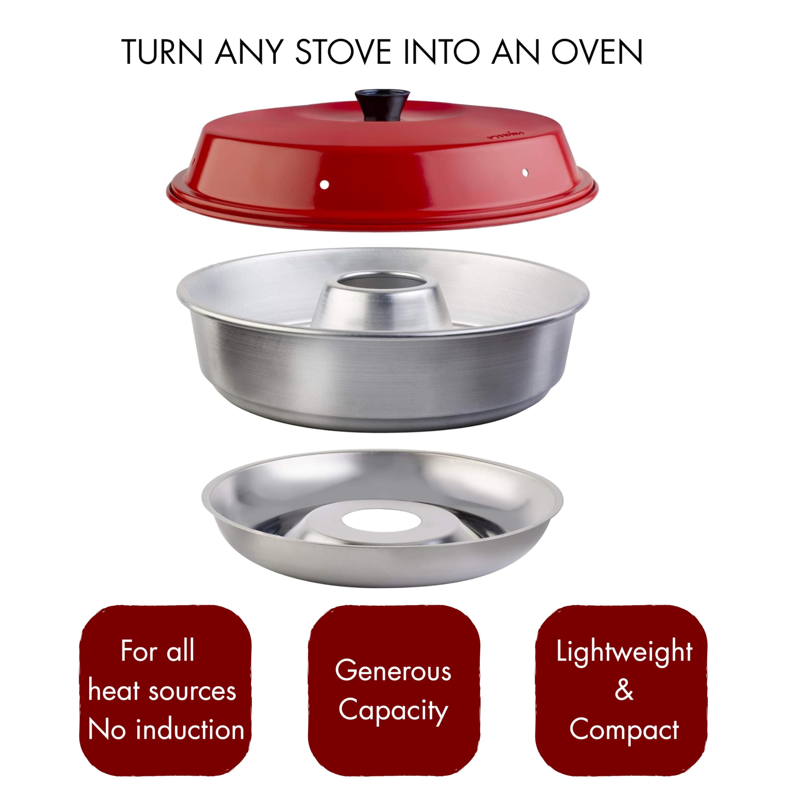 Omnia Classic Campingbackofen 2 L - Tragbarer Herd-Ofen für Camping, Wohnmobil, Boot & Outdoor - Backen & Kochen wie im Ofen ohne Strom - Leicht, Kompakt, Edelstahl/Aluminium