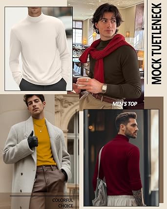Evervibe 6 Pack Mens Mock Turtleneck Long Sleeve Shirts Thermal Mock Neck Pullover Sweater Tops Fitted Lightweight Undershirt