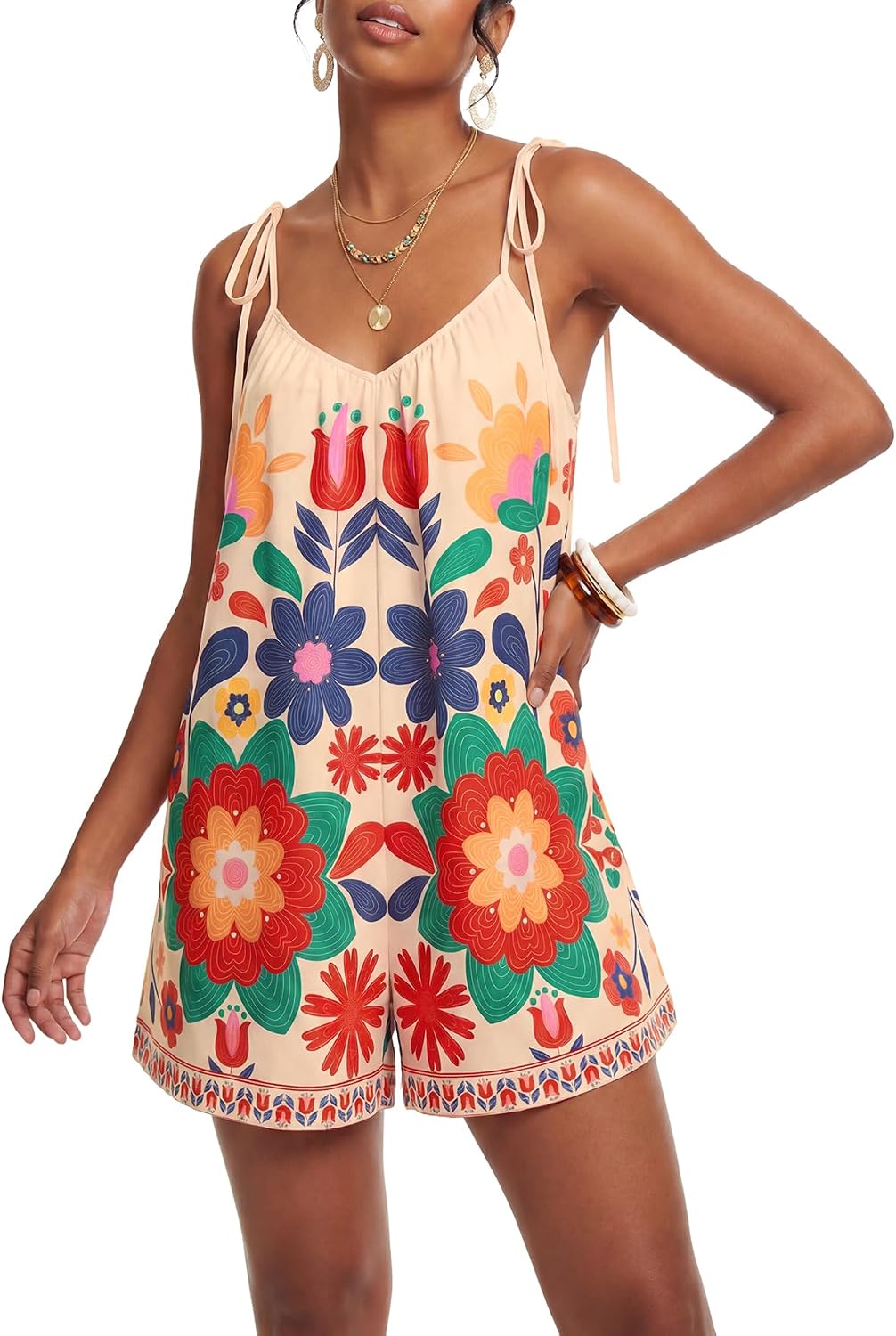 LYANER Women's Floral Tie Shoulder V Neck Backless Wide Leg Boho Vacation Romper Jumpsuits