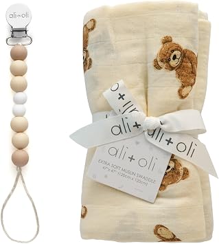 Ali+Oli Swaddle Blanket and Pacifier Clip Bundle, Neutral Design, Soft and Gentle, Ideal for Newborns, Boys and Girls