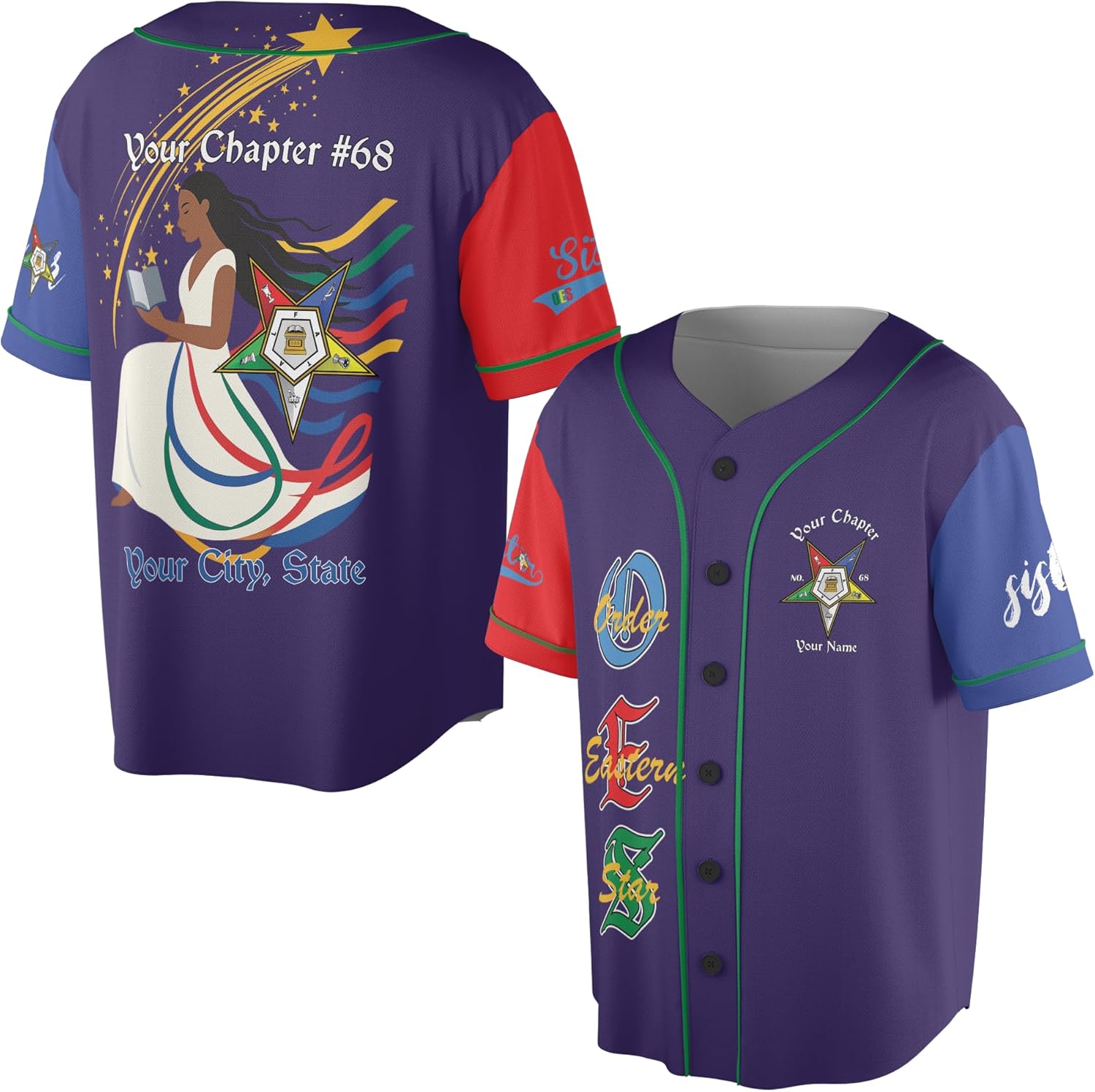 Custom Chapter Name OES Diva Sister Order of The Eastern Color Block 3D Baseball Jersey S-5XL