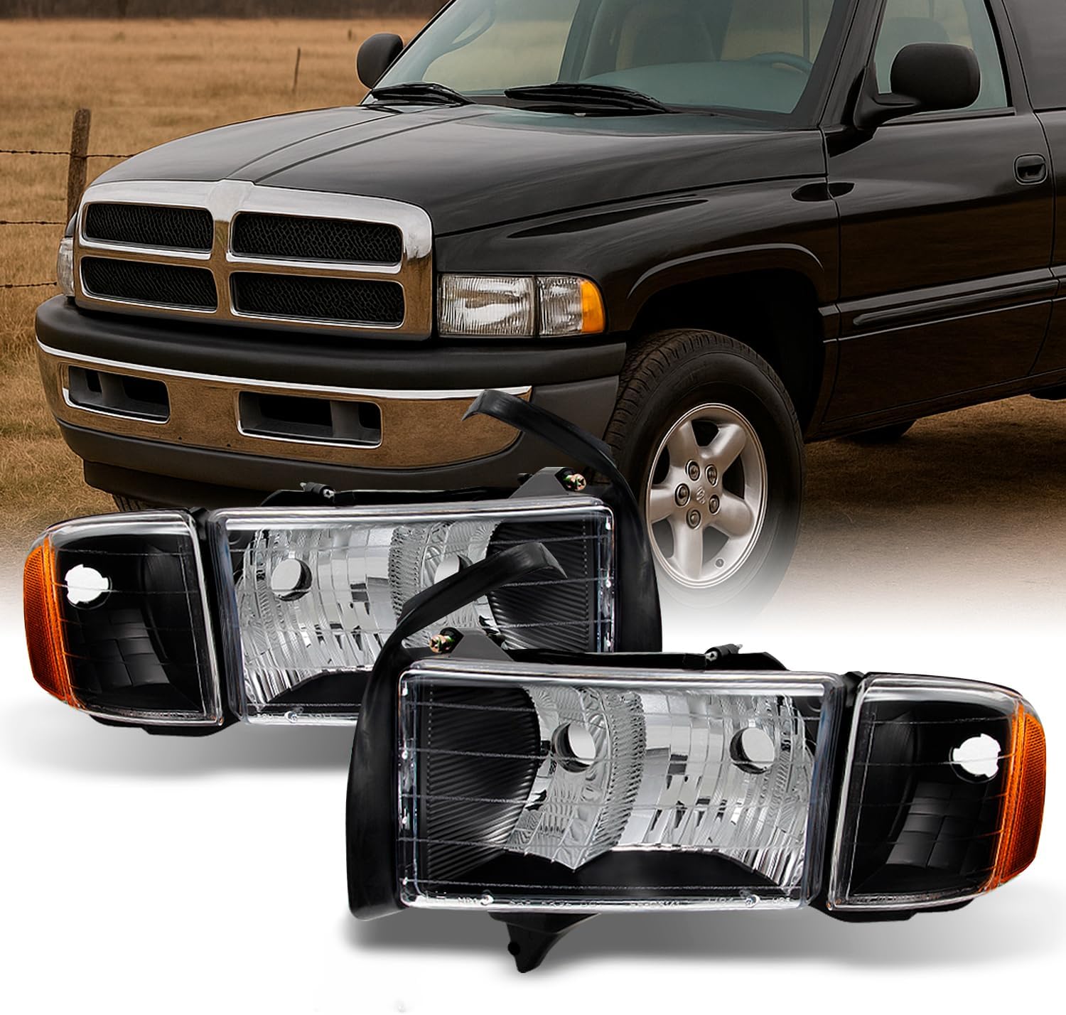 AKKON - For 99-01 Dodge Ram 1500 Pickup Truck Sport Package Black Headlights Head Lamps Replacement Pair Set