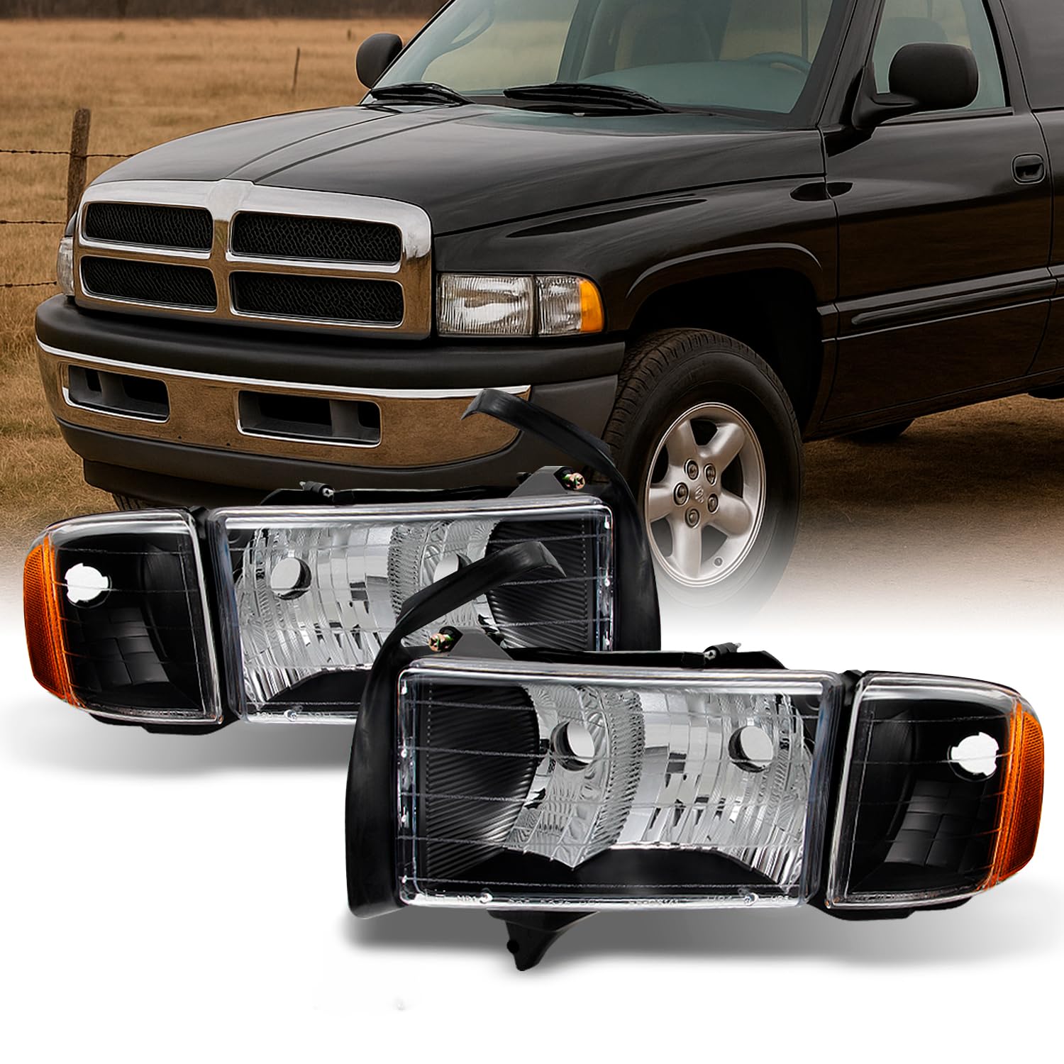 AKKON - For 99-01 Dodge Ram 1500 Pickup Truck Sport Package Black Headlights Head Lamps Replacement Pair Set