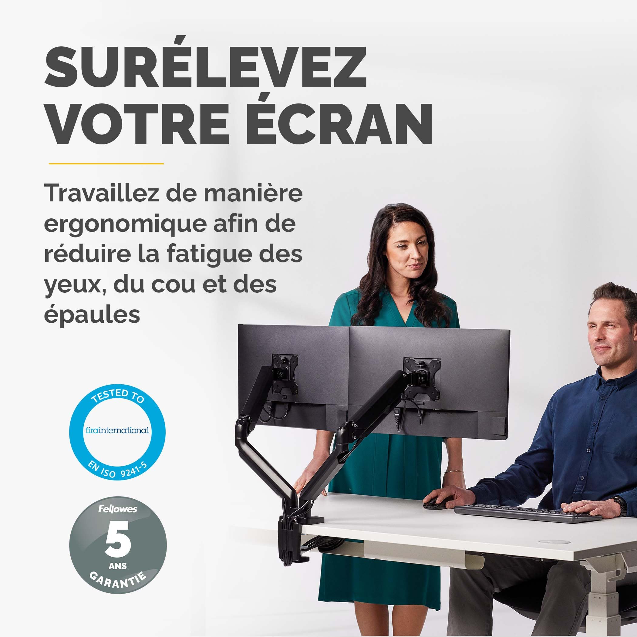 Fellowes Bras Porte Écrans Platinum Double Horizontal pour 2 Moniteurs Jusqu'à 32", Hauteur Ajustable, Norme VESA, 2 Ports USB