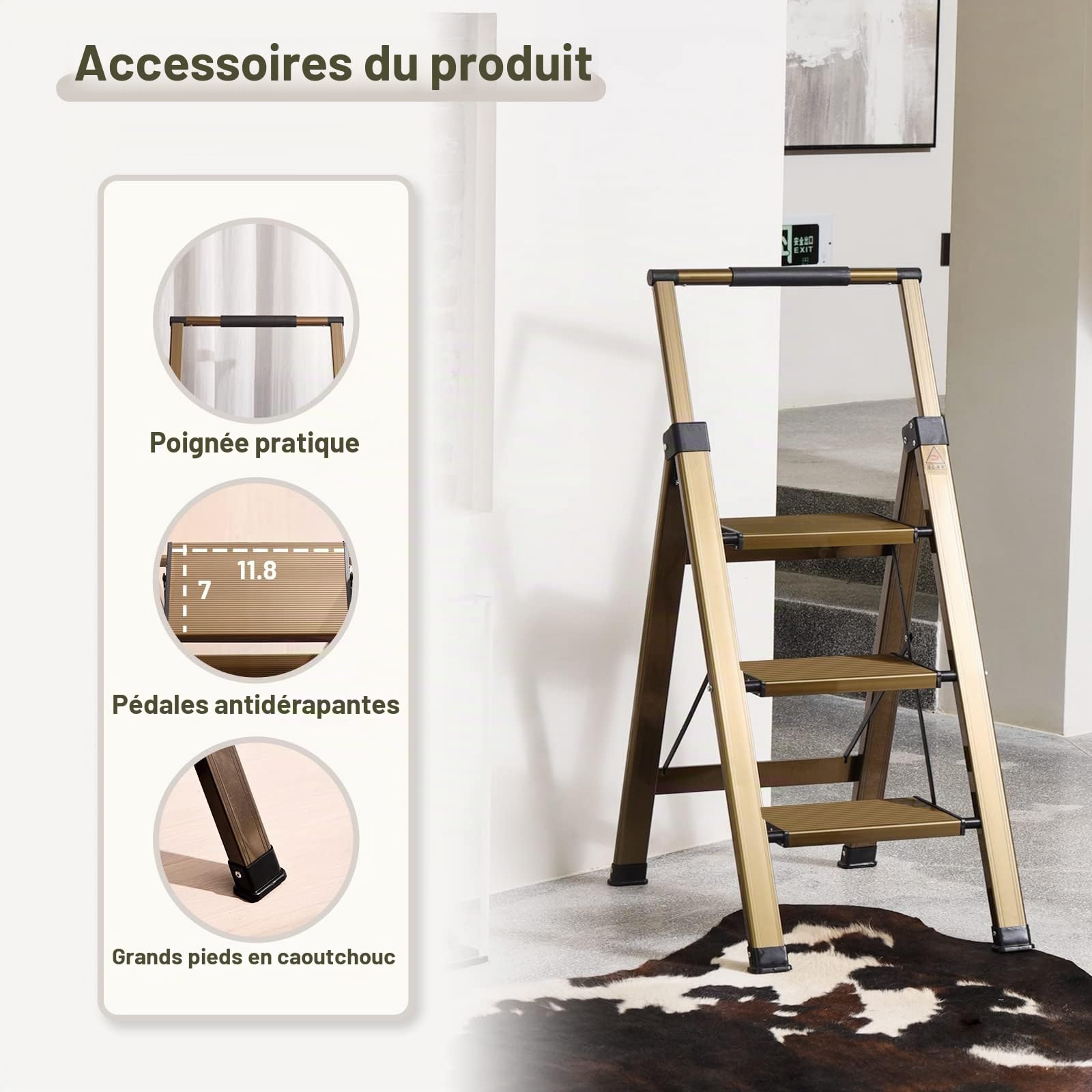 XinSunho Escabeau 3 Marches, Aluminium Pliable avec Poignée Rétractable | Marches antidérapantes | 150 kg | léger et robuste | pliage compact pour maison, cuisine et placard