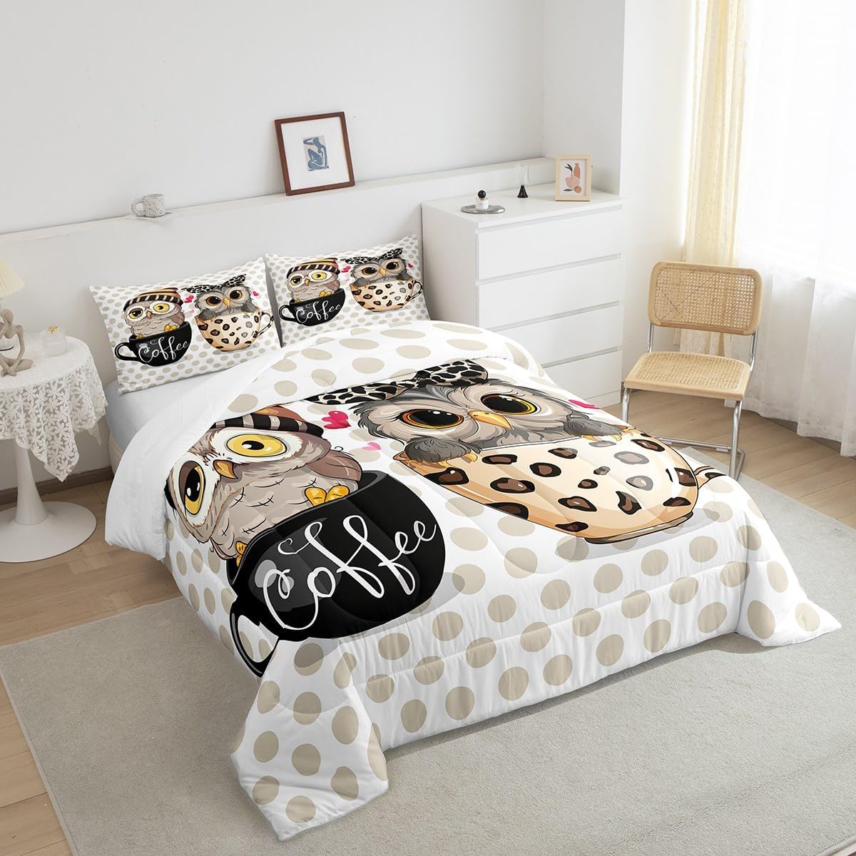 Owl Couple King Size Comforter Set Kids Kawaii Animals Decor All Season Bedding Set for Girls Teens Polka Dot Leopard Print Comforter Cute Owl Pattern Decor Quilt Set Bedroom Collection 3Pcs