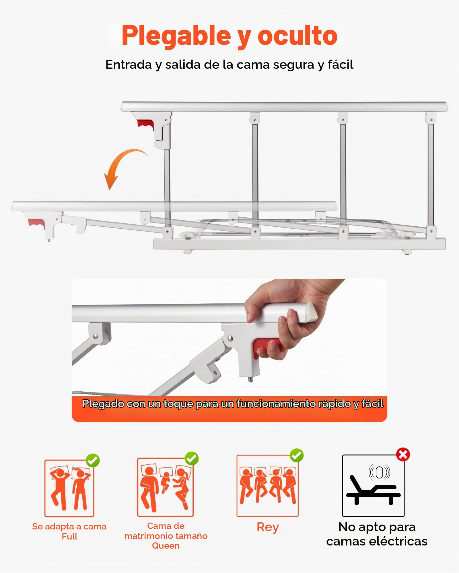 VEVOR Barandilla de Cama Plegable a Personas Mayores, 97 cm, con Correa de Sujeción, Protección Anticaídas y Protección de Bordes, Compatible con Camas King, Queen, Matrimoniales e Individuales