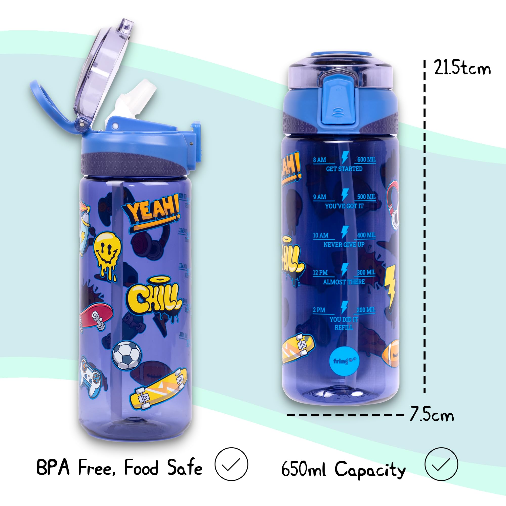 Fringoo, 650ml Kids Water Bottle, Carry Handle 100% Leakproof & BPA Free Tritan Silicon Straw, Secure Flip Lock Lid - Image 3
