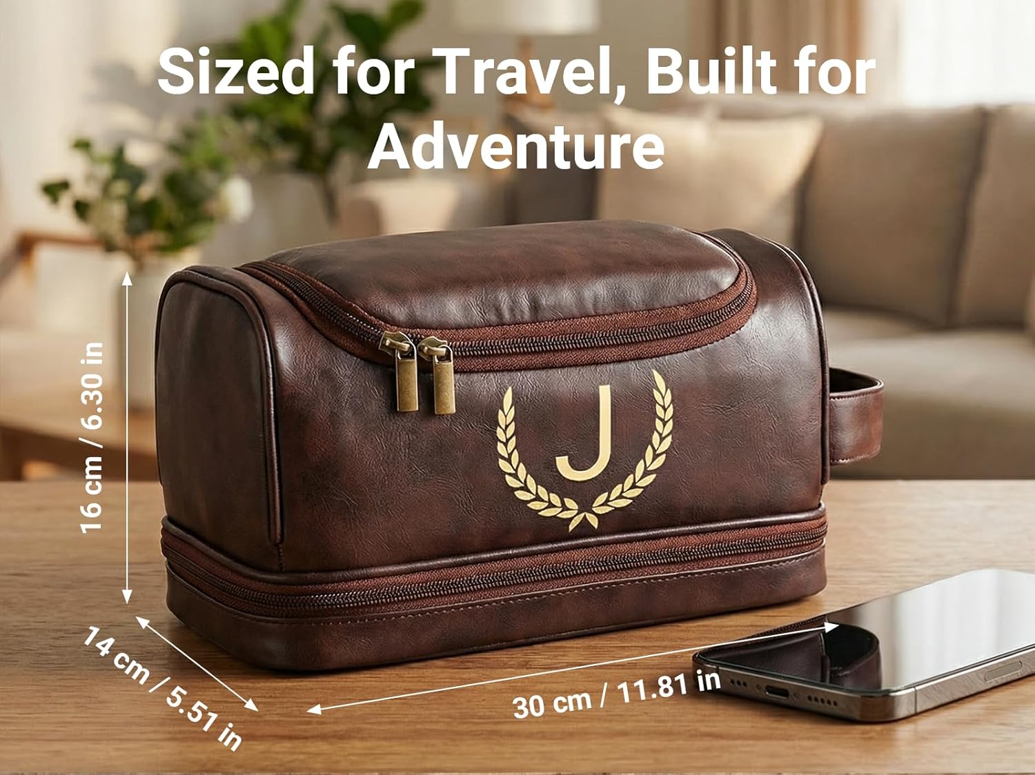 OXYEFEI Personalized Toiletry Bag for Men,Personalized Gifts for Men for Husband Dad, Custom Monogrammed PU Leather Waterproof Mens Toiletry Travel Essential Dopp Kit Shaving Bag (N, Tea Brown)