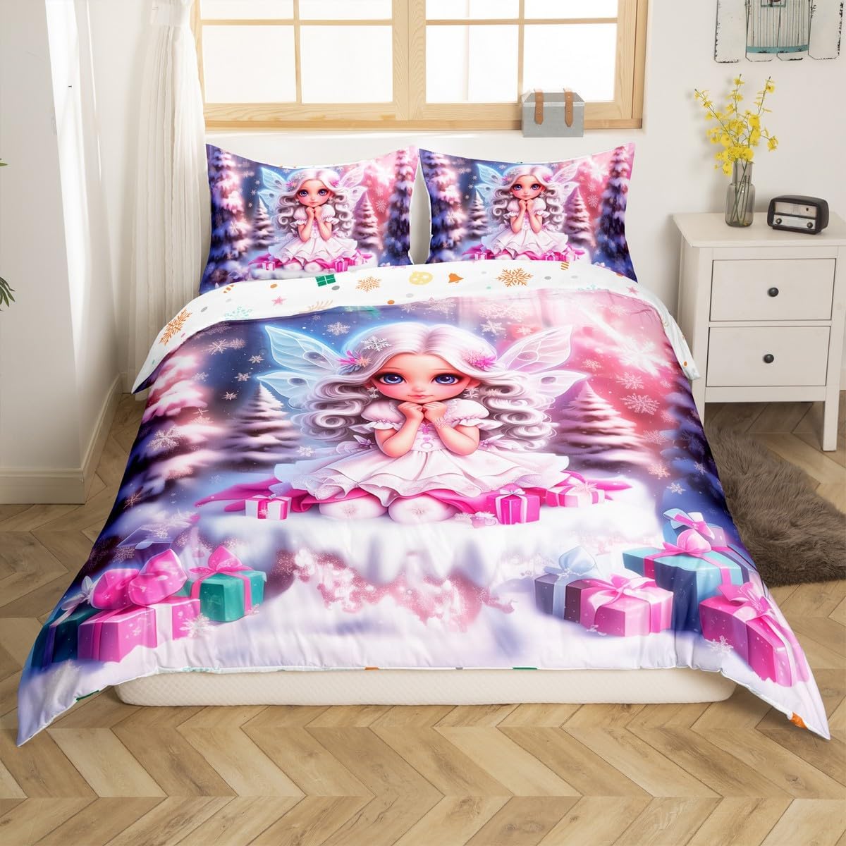 Erosebridal Cute Princess Toddler Comforter Cover for Kids Girls Kawaii Christmas Bedding Set Fantasy Xmas Snowflake Duvet Cover Winter Bed Set Room Decor Zipper