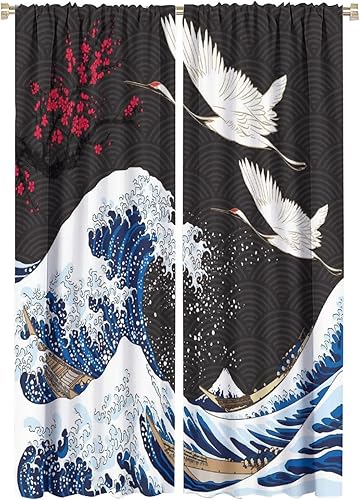 Miniatura 1 de Cortinas opacas con diseño de grúa, flores de ciruelo rojo, olas de mar, barco, grúa voladora, ola japonesa, impresión artística negra para