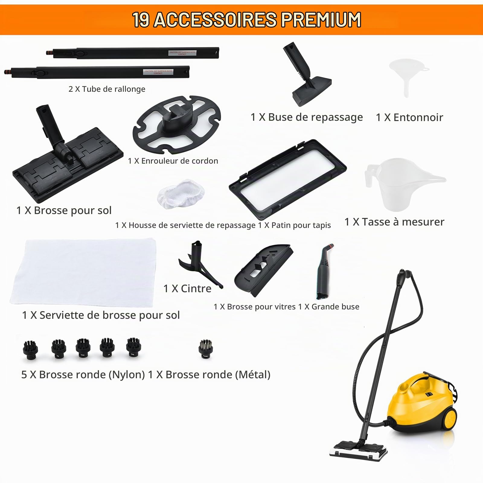 SOARS Nettoyeur Vapeur à Main 2000W, Pression Vapeur : 4 Bar, Max. 108℃, Temps de Préchauffe : 5-6 Min, Réservoir d'Eau : 1,5L, avec 19 Accessoires, pour Canapé, Sol, Fenêtre, Cuisine (Jaune)
