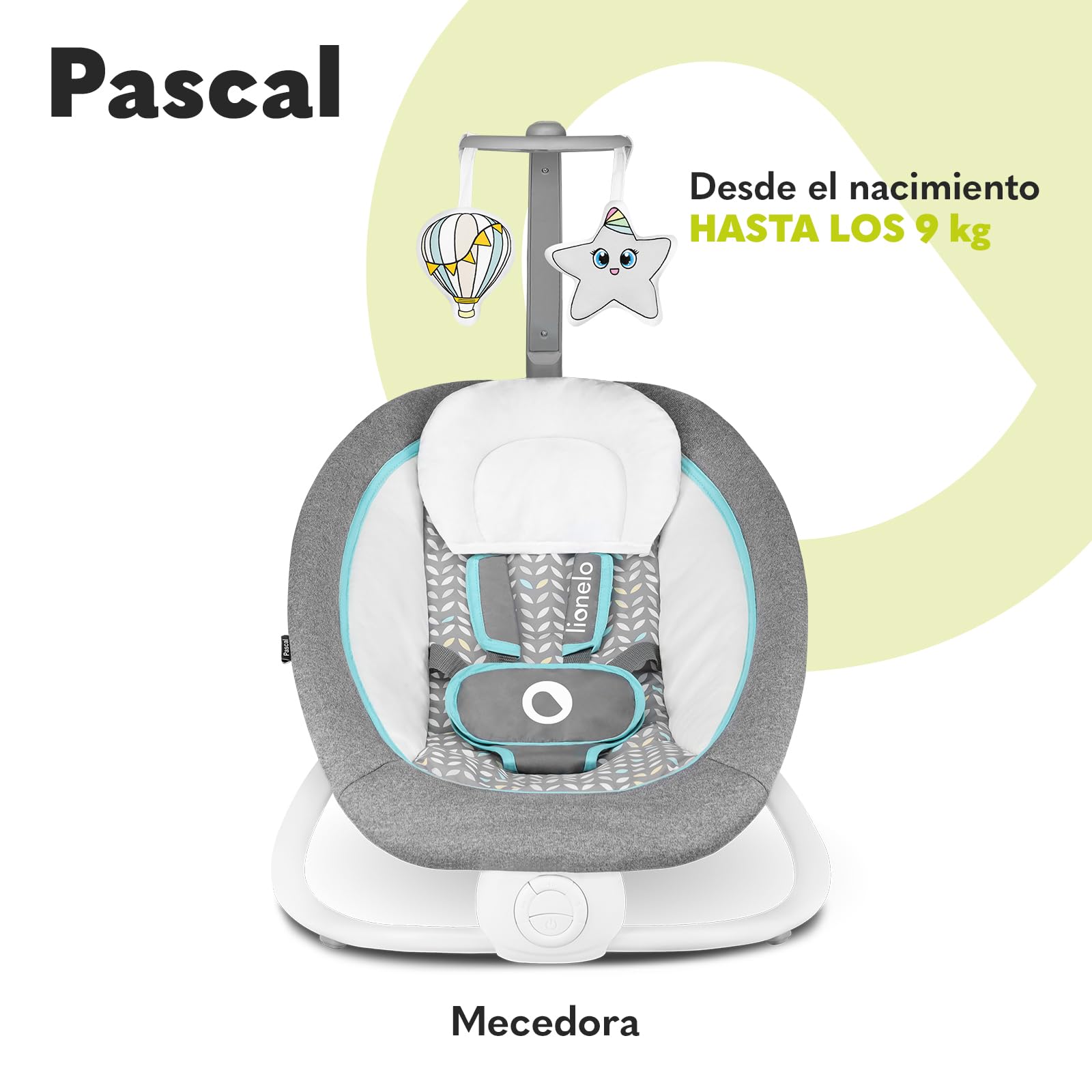 LIONELO Pascal baby bouncer delicadas vibraciones 12 melodías incorporadas con control de volumen ajuste del respaldo barra de juguetes interactivos plegable a tamaño compacto (Grey Scandi)