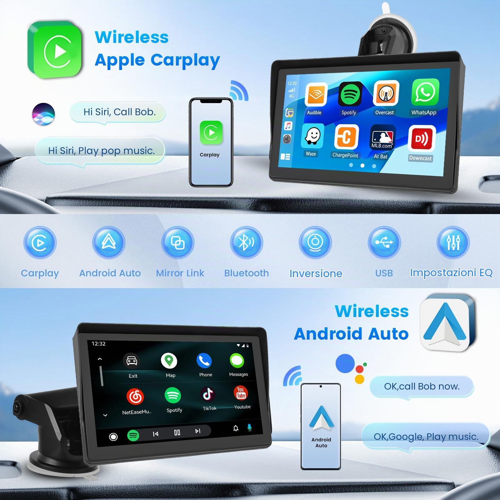 Inefala Autoradio Portatile con Carplay Android Auto 7 Pollici Schermo per Auto con Bluetooth Trasmissione FM Airplay BT Collegamento a Specchio 12V-24V