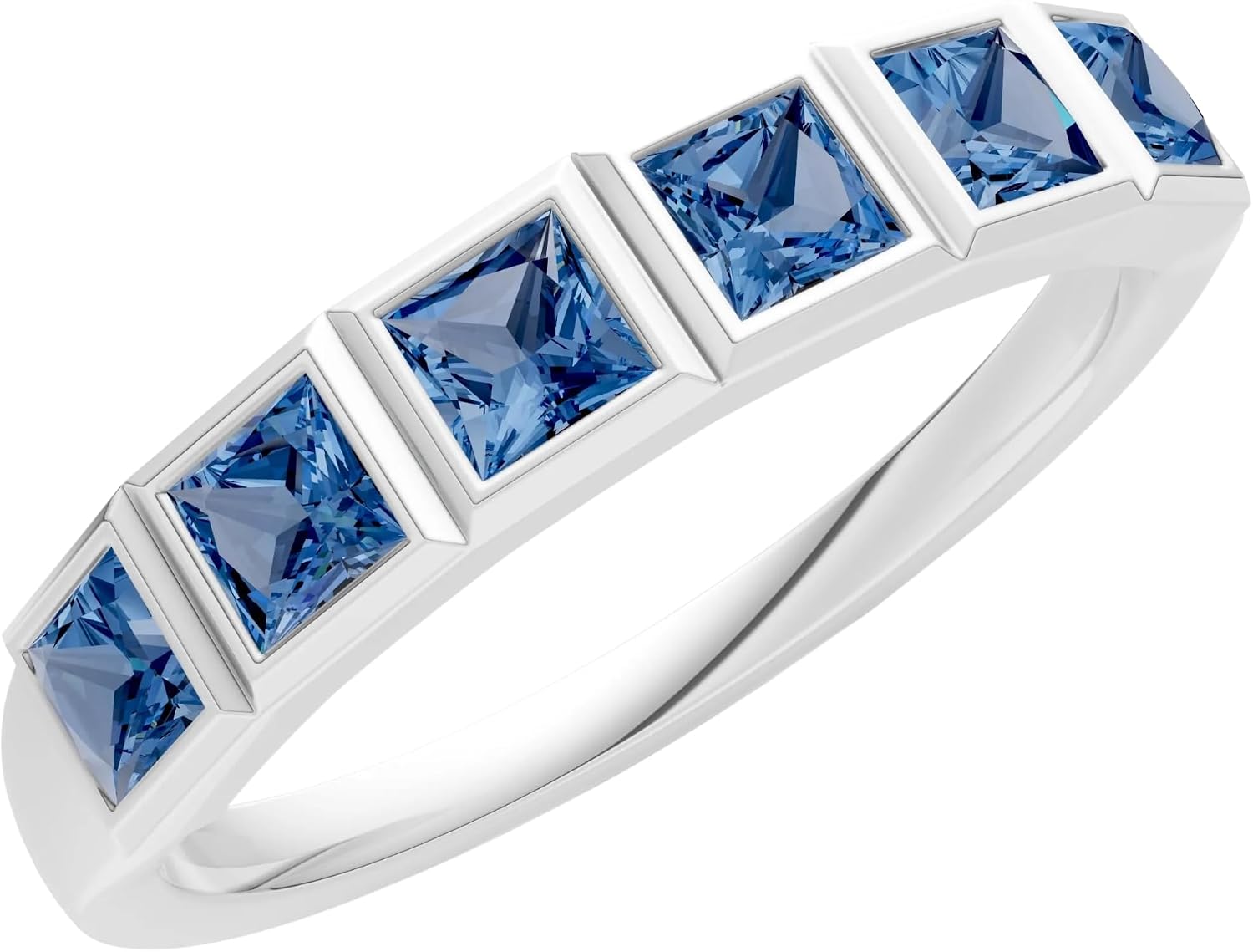 PEORA Princess Cut Cut London Blue Topaz Half-Eternity Band Available in Solid 10K, 14K or 18K Ring – White, Yellow or Rose Gold