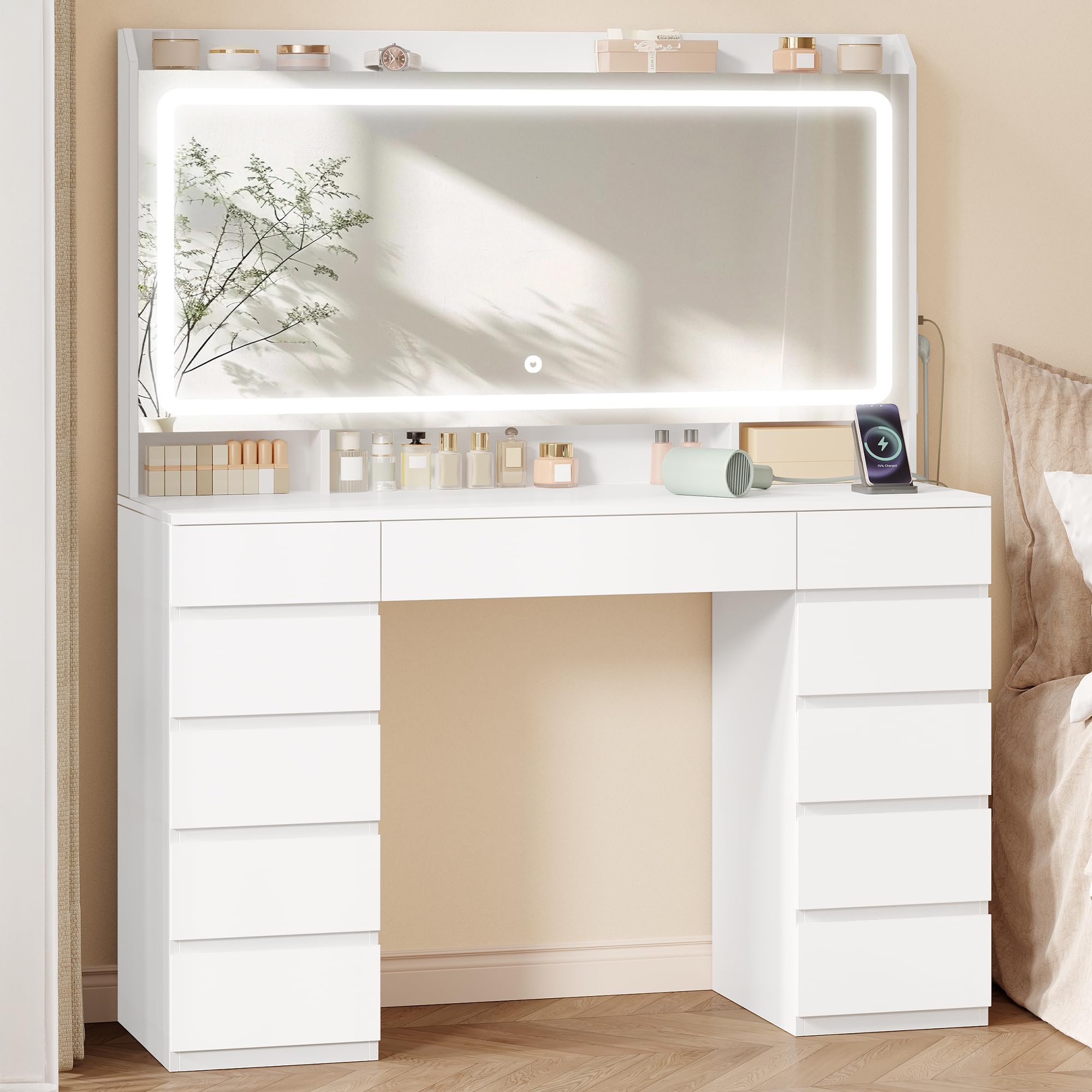 Hzuaneri Coiffeuse avec Grand Miroir HD, Coiffeuse avec 3 Lumières LED à Couleurs Réglables, 11 Tiroirs, 3 Compartiments de Rangement et 1 étagère Supérieure, de Chambre, Blanc DT43003XEU