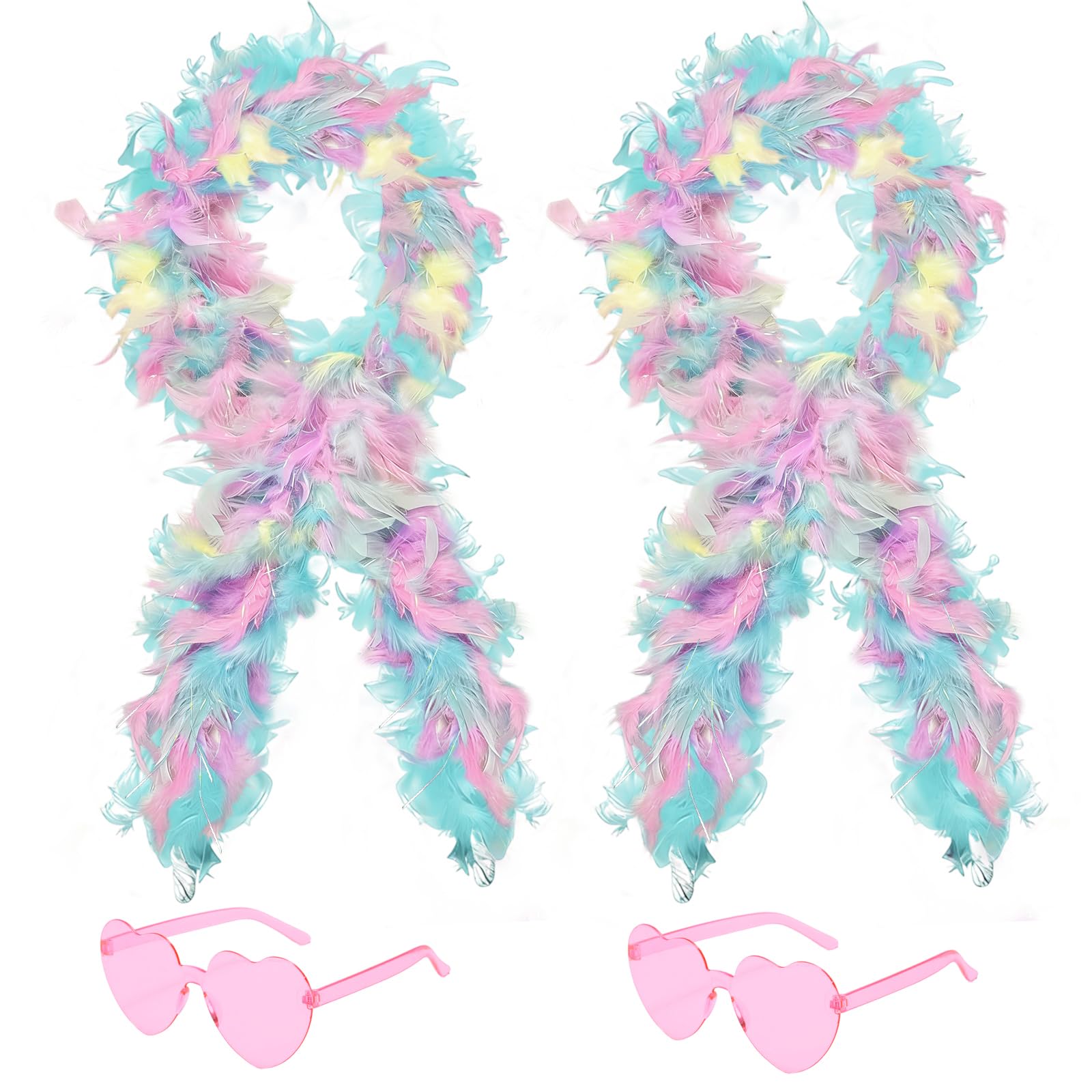 SHENYI 4Pcs Colorful Fancy Dress Feather Boa Set, 4ft Feather Boa with Heart Rimless Sunglasses for Women, Artificial Fluffy Boa Decorations wit for Dancing Wedding Party Cosplay Halloween (Colorful)