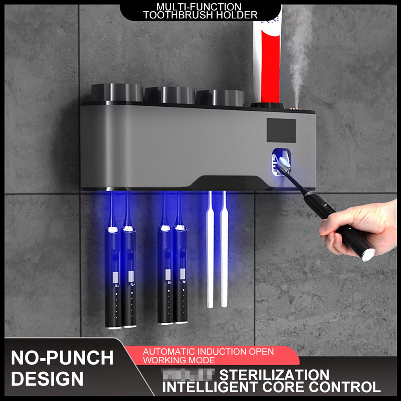 Soporte esterilizador de cepillo de dientes UV, caja de almacenamiento para cepillo de dientes Solar, exprimidor de pasta de dientes inteligente, accesorios para el hogar,Grey