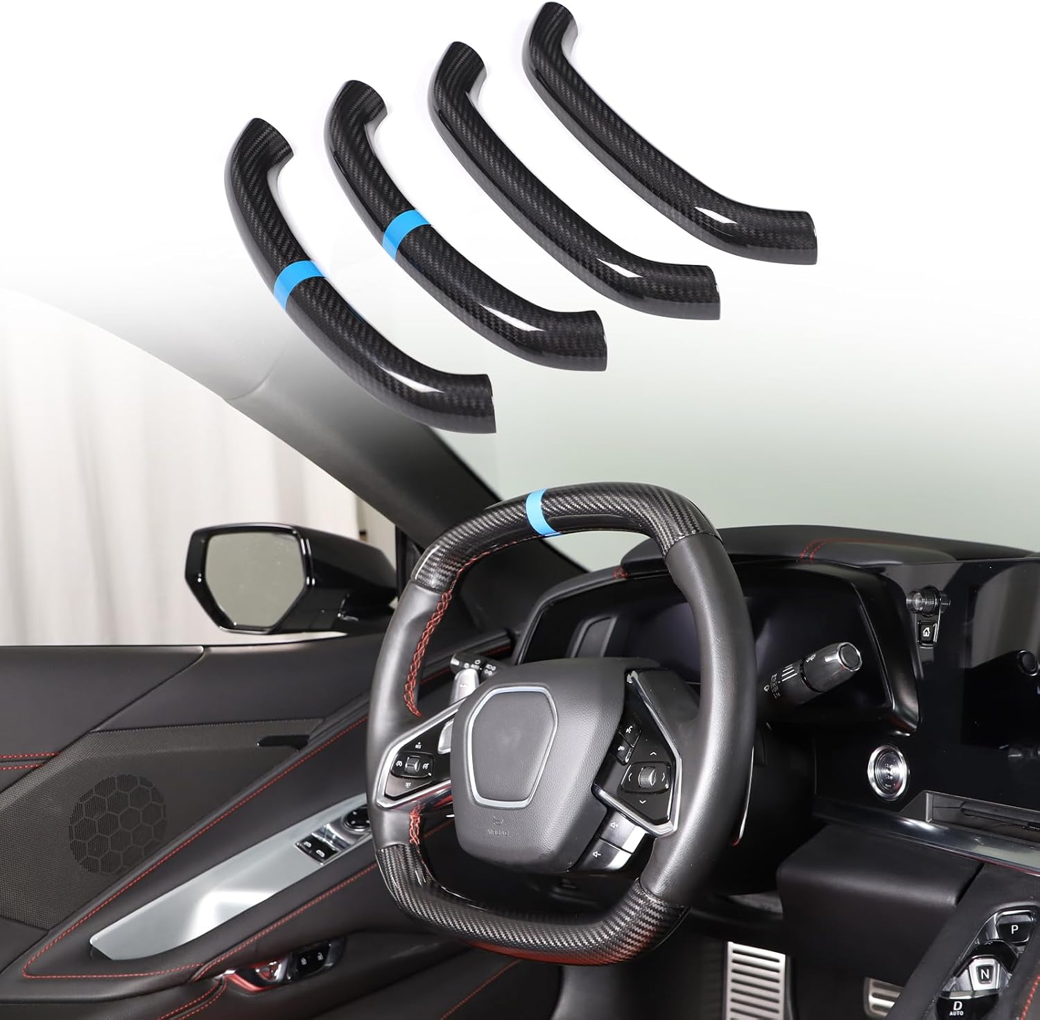 Steering Wheel Cover Trim Compatible with Chevrolet Corvette C8 2020-2026 100% Real Carbon Fiber 4PCS,Steering Wheel Circle Round Cover,Interior Protection Accessories (Black Carbon-Blue)