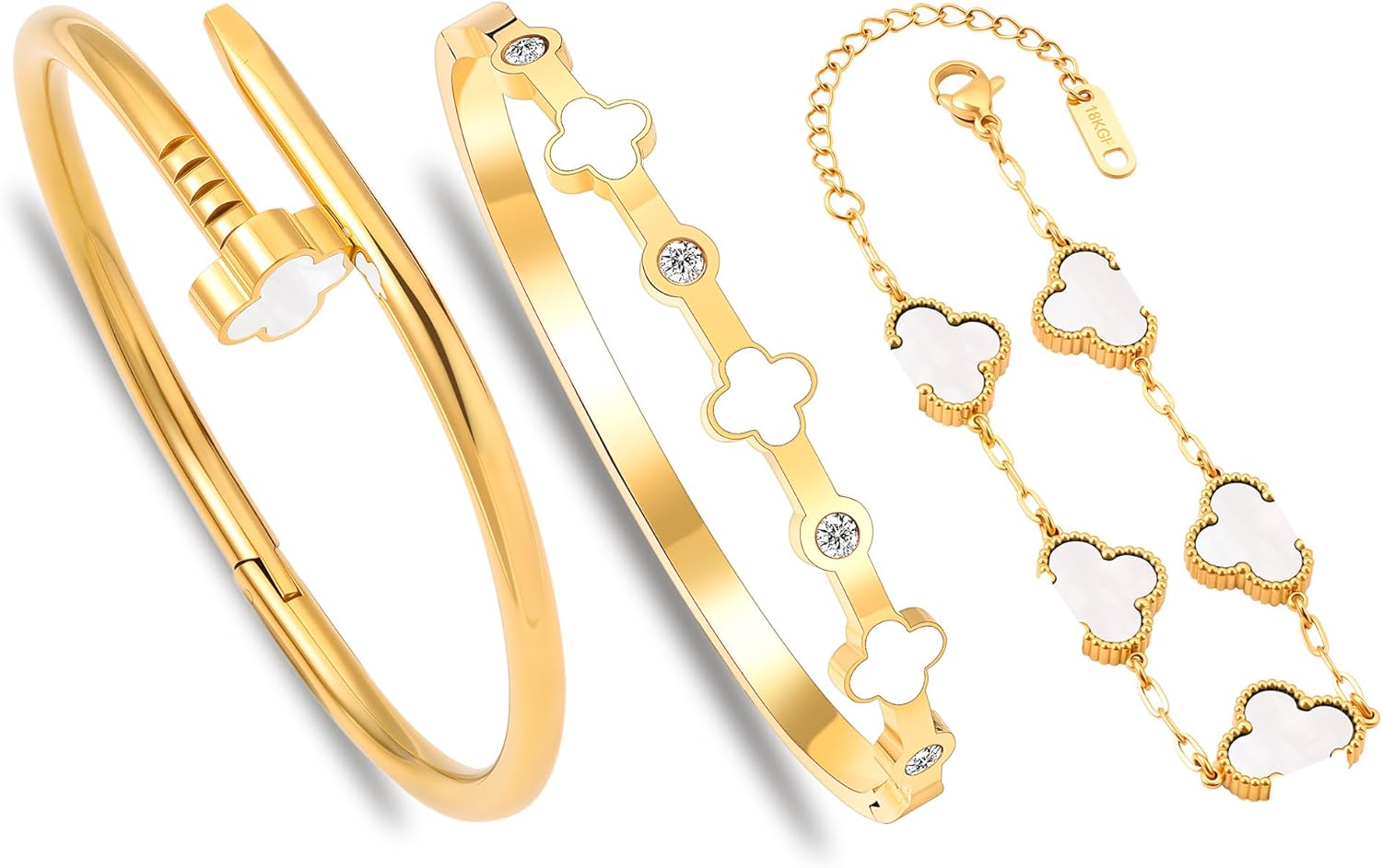 3PCS 18K Gold Nail Bracelet for women,Stackable Clover Bangle Bracelets -Stainless steel Non-Tarnish Trendy Jewelry Christmas Valentines Birthday Gifts for Girlfriend Wife.