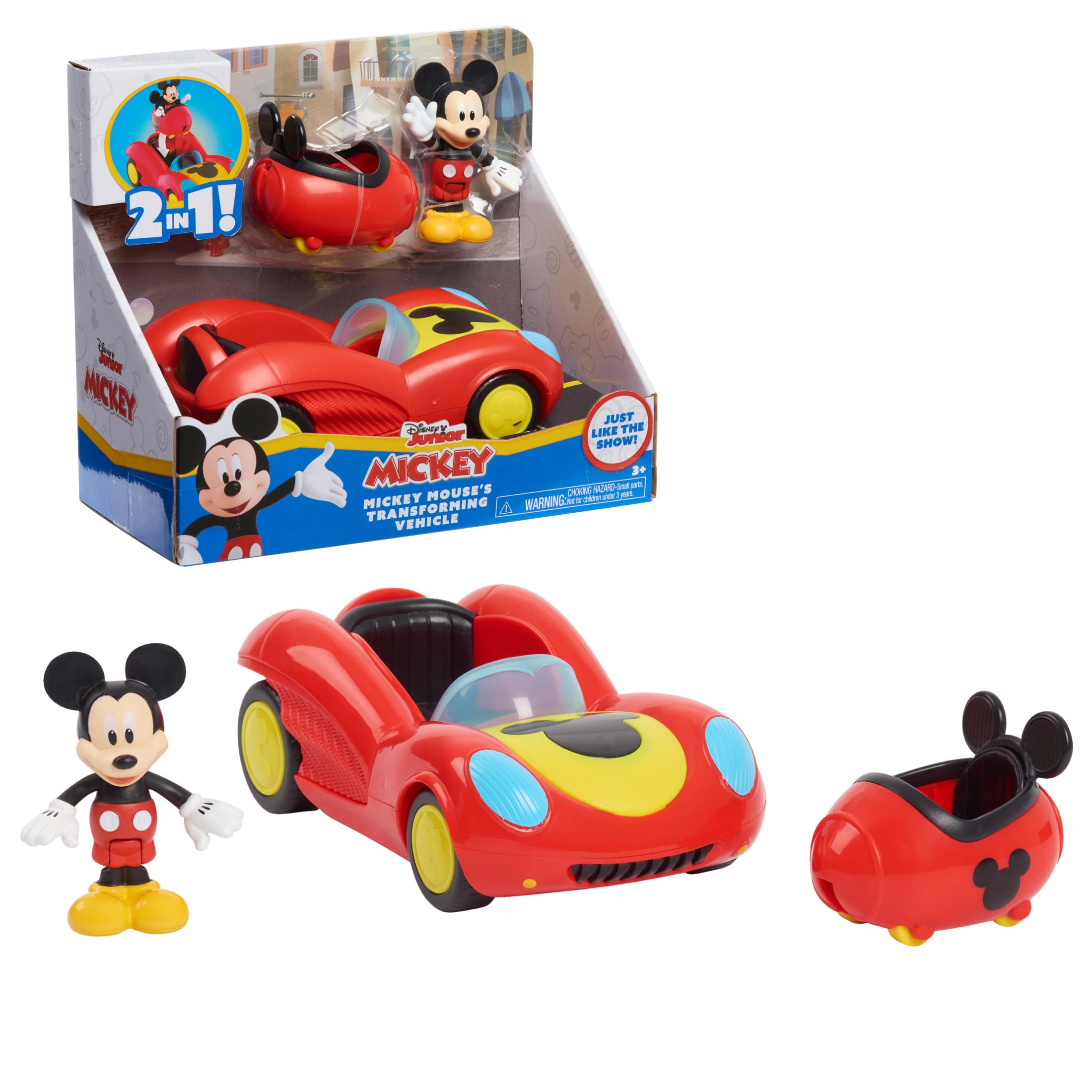 Disney Junior Mickey Mouse Funhouse Transforming Vehicle, Mickey Mouse, Red Toy Car, Preschool, Kids Toys for Ages 3 Up by Just Play