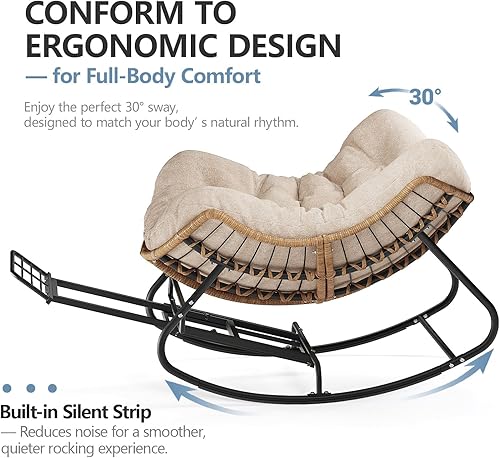 Vista 16 de SWITTE Mecedora para exteriores, de gran tamaño, para patio, cómoda sala de lectura de mimbre, silla de huevo interior para dormitorio, sala de Gris