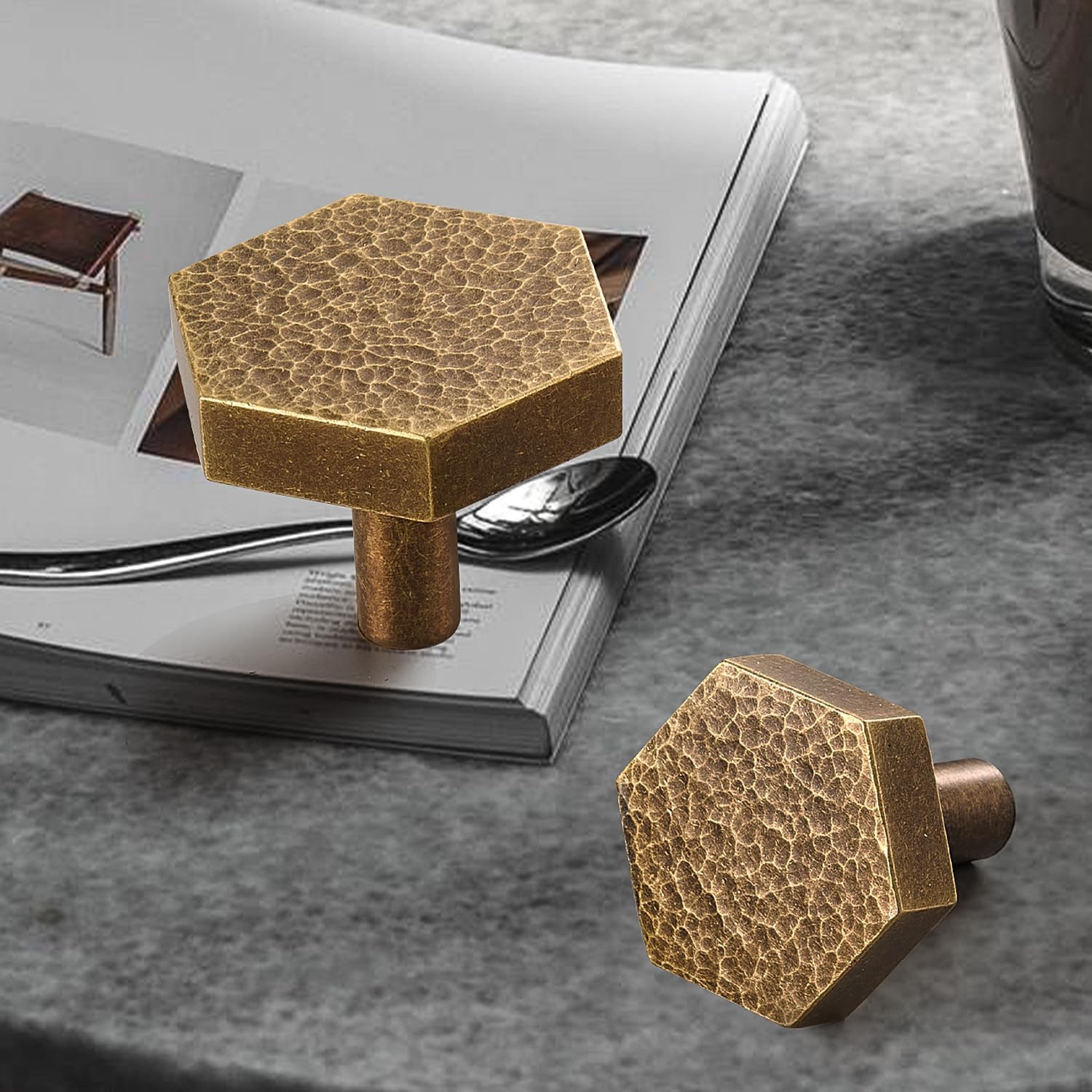 10 Pack Cabinet Knobs Antique Brass Kitchen Drawer Knobs Hammered Hexagon Dresser Pull, S