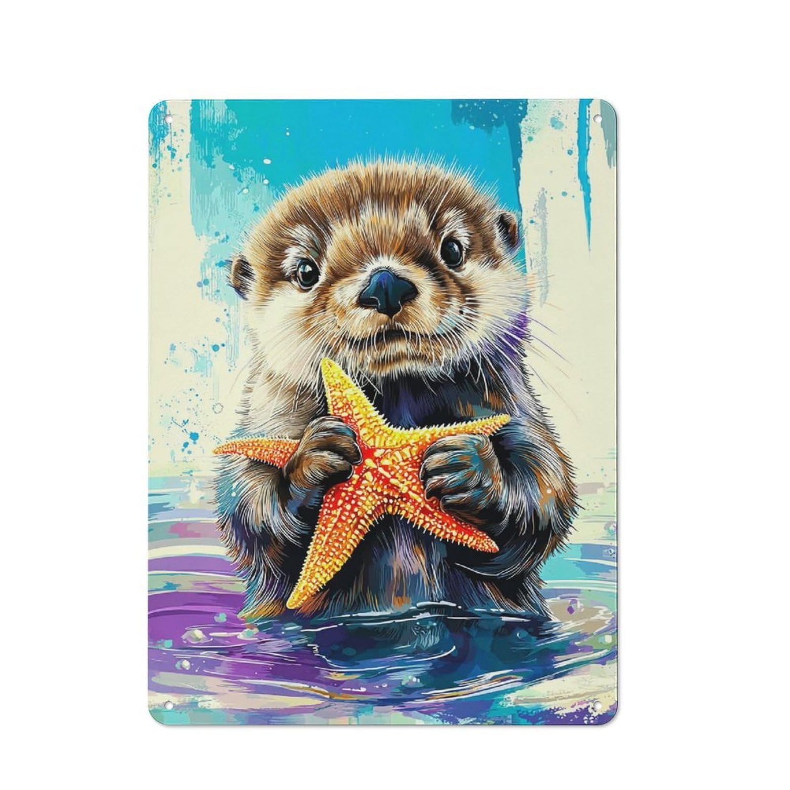 Junmoney Otter With Starfish In Water Rustic Tin Wall Plaque 40X30cm Featuring For Pub Or Café, A Decorative Christmas Gift For Café Interior Fans