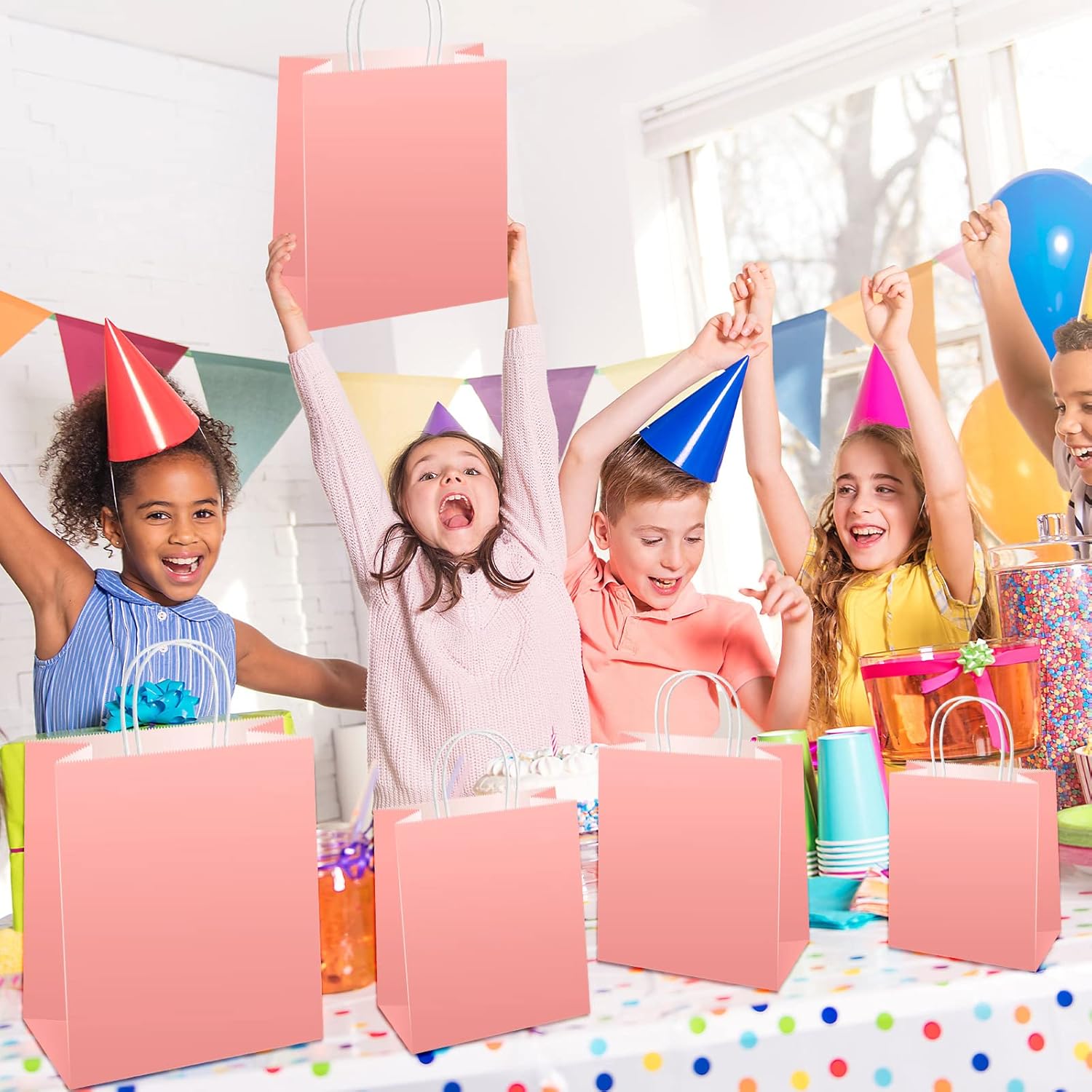 Sabary 75 Pcs Kraft Paper Gift Bags with Handles Paper Tote for Gift Bags Shopping Return Business Retail Party Merchandise, 3 Sizes(Pink) - Image 5