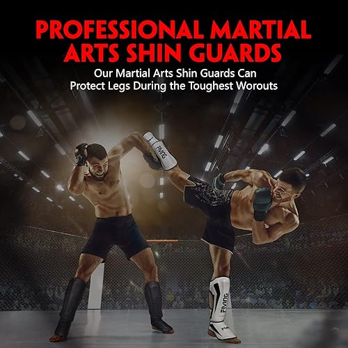 Miniatura 7 de FIVING Espinilleras de artes marciales MMA  Protectores de piernas Muay Thai acolchados y ajustables con protección en el empeine para entrenamiento