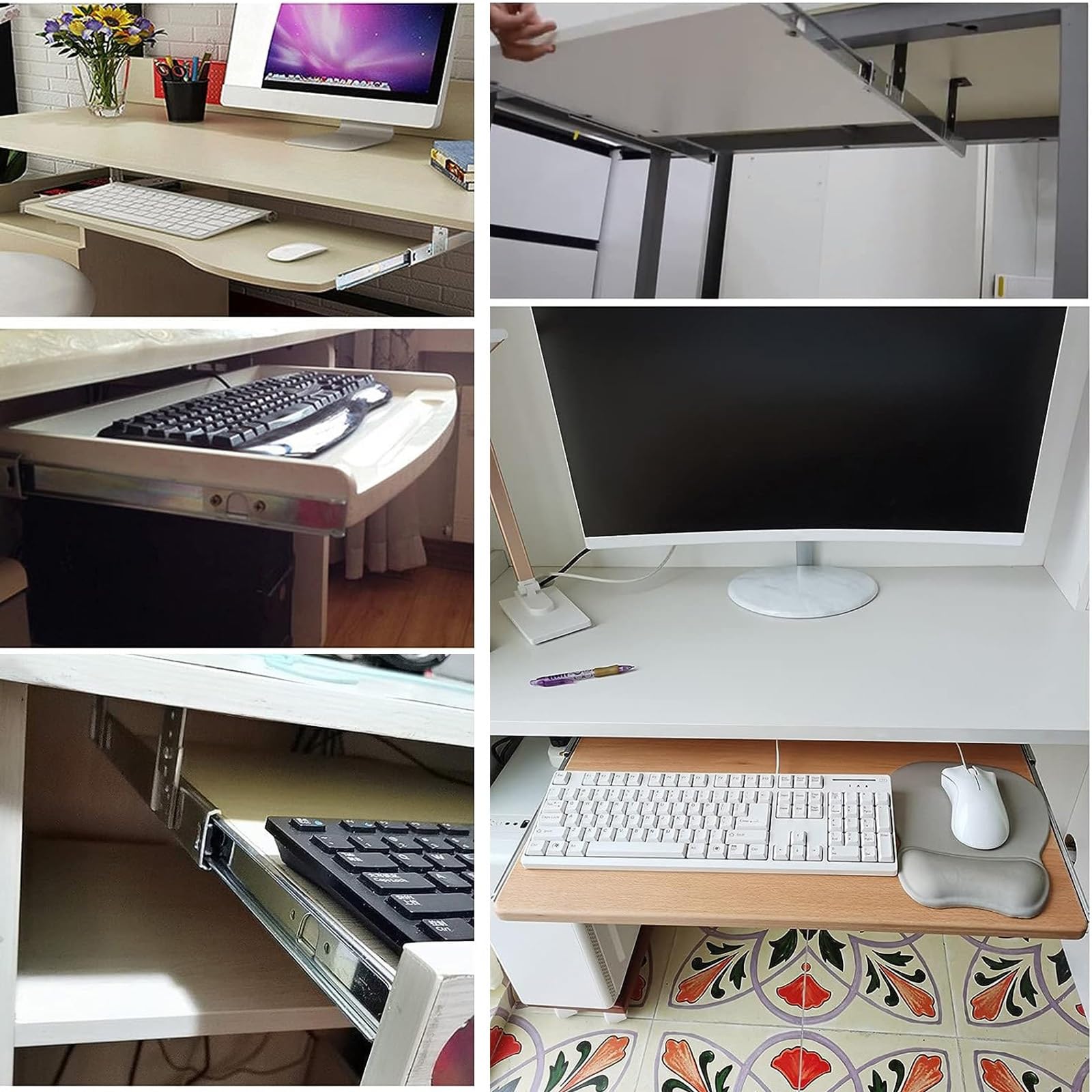 Deslizador para teclado debajo del escritorio, deslizadores de rodamiento de bolas suaves y silenciosos, riel de bandeja extraíble para mesa ajustable en altura, guías telescópicas para cajones
