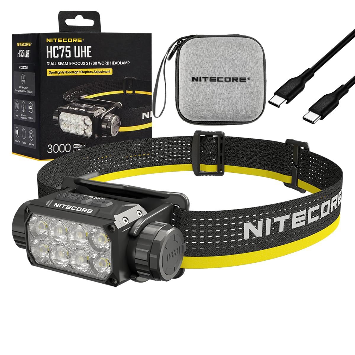Nitecore Black Hc75 Uhe Headlamp Hc75 Uhe Rechargeable E-Focus Spotlight Floodlight Headlamp 192M Beam -3000 Lumens (Upgrade Of Hc68) W/Battery And Eco Sensa Usb-C Charging Cable