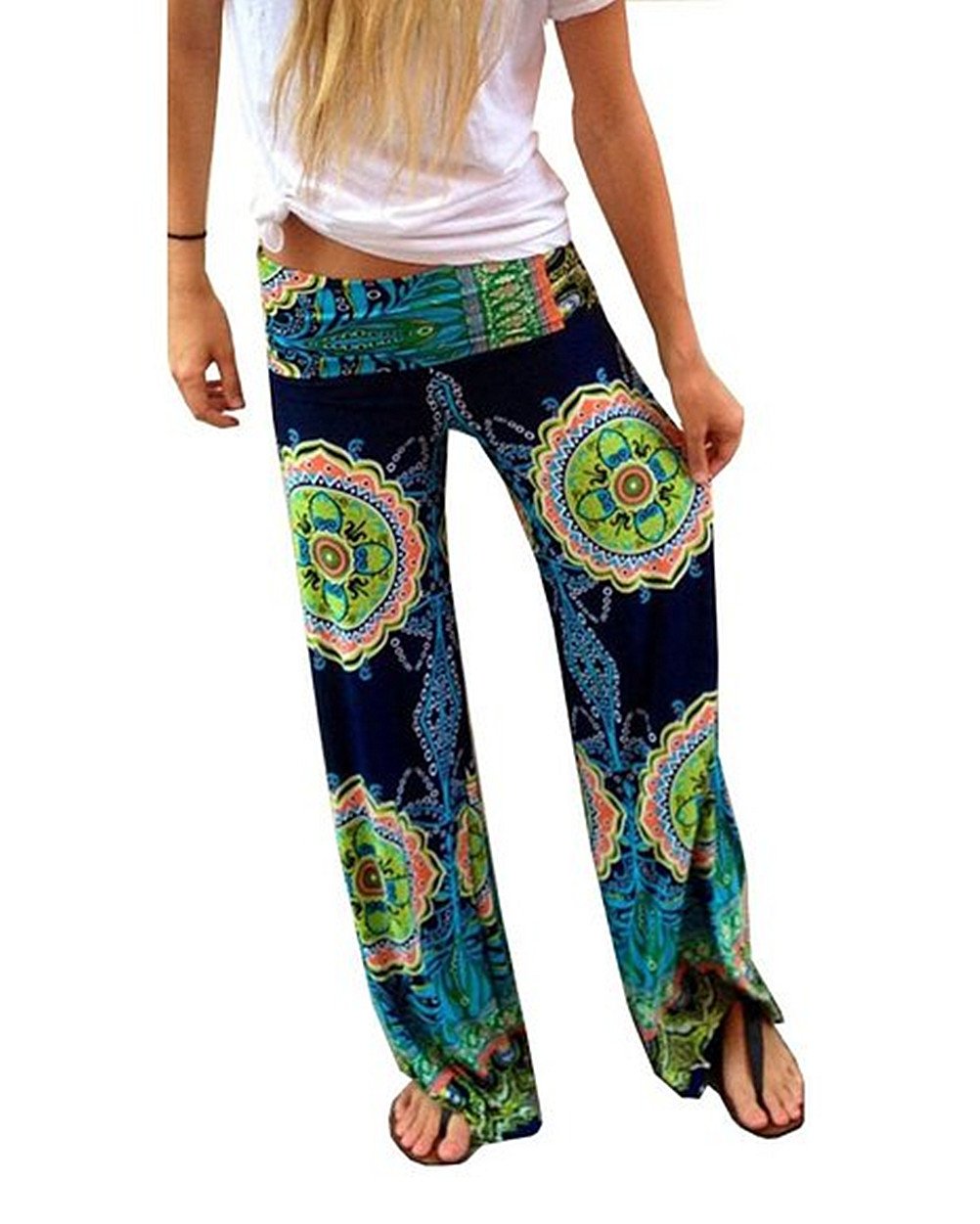 Women's Smocked Waist Baggy Bohemian Harem Loose Pants (L)