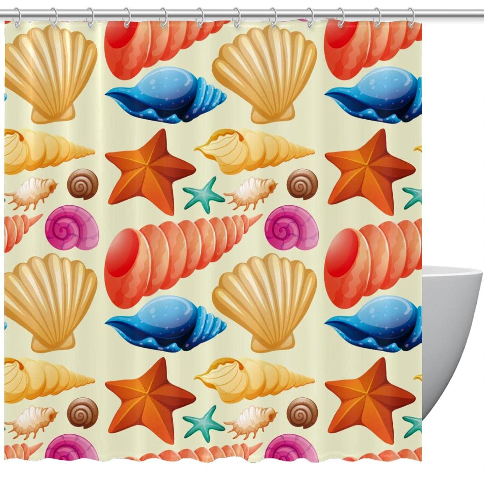 Rideau de douche coloré et amusant aux motifs marins de coquillages pour égayer le bain