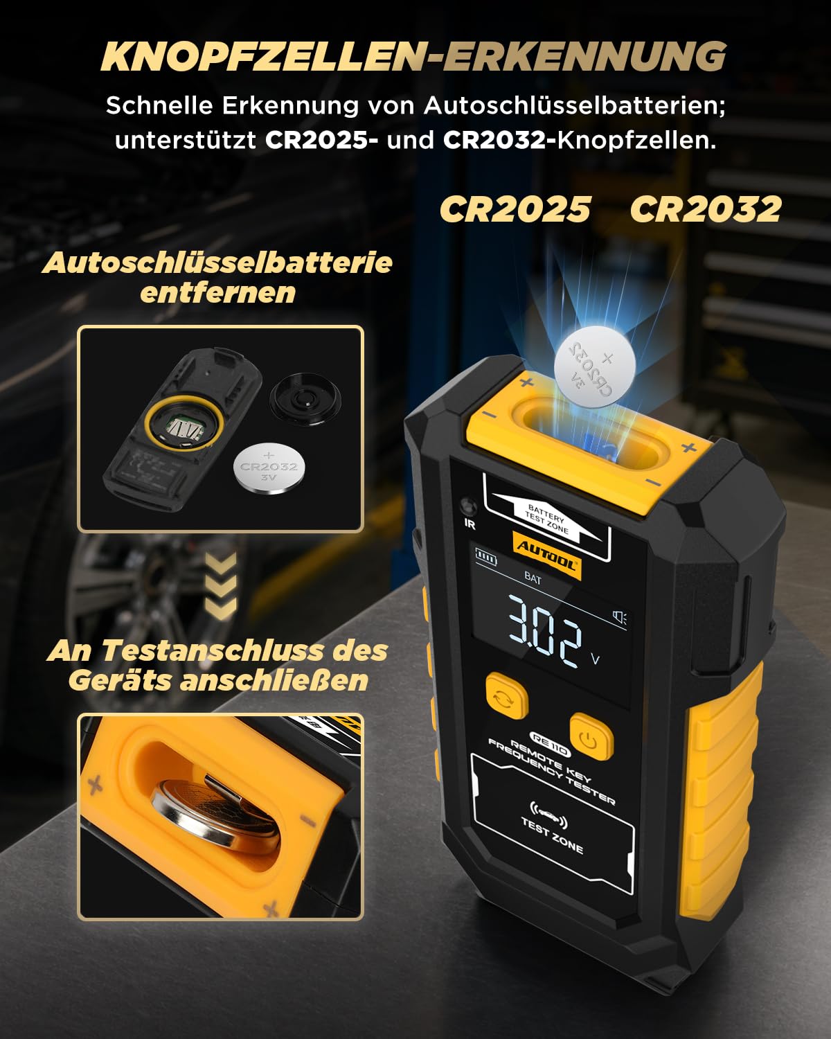 AUTOOL RE110 Fernschlüsseltester – Infrarot- & Funk-Fernbedienungs-Frequenztester, RF-/IR-Signalerkennung 315/433/868/902 MHz, universell einsetzbar für Autos, Garagen und Schlüsselkarten