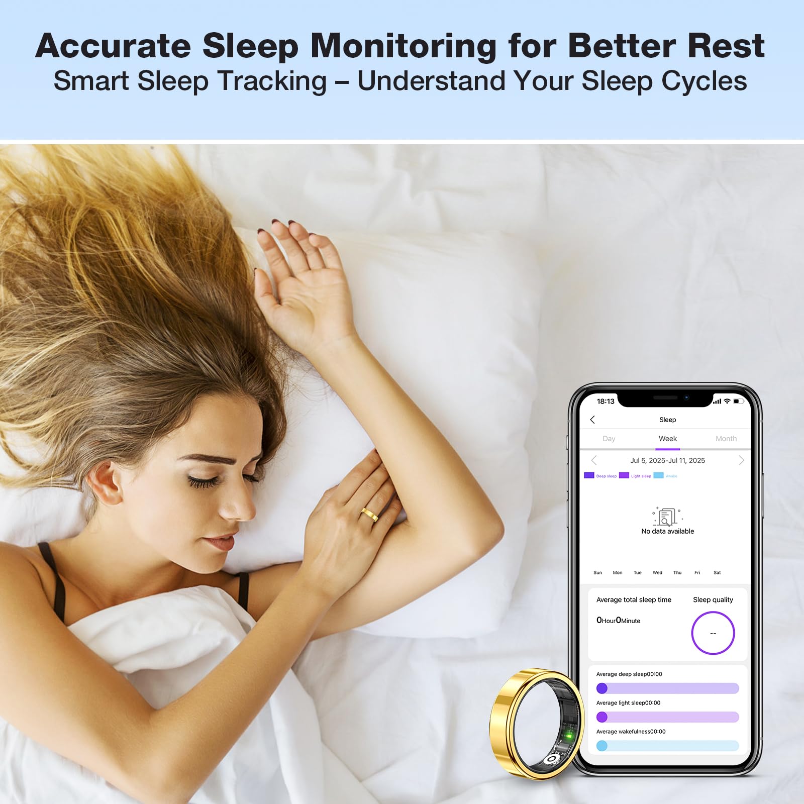 Anneau de suivi intelligent de la santé, anneau de suivi du sommeil avec capteur de fréquence cardiaque, étanche pour homme et femme, compatible avec iOS et Android (doré, 12)