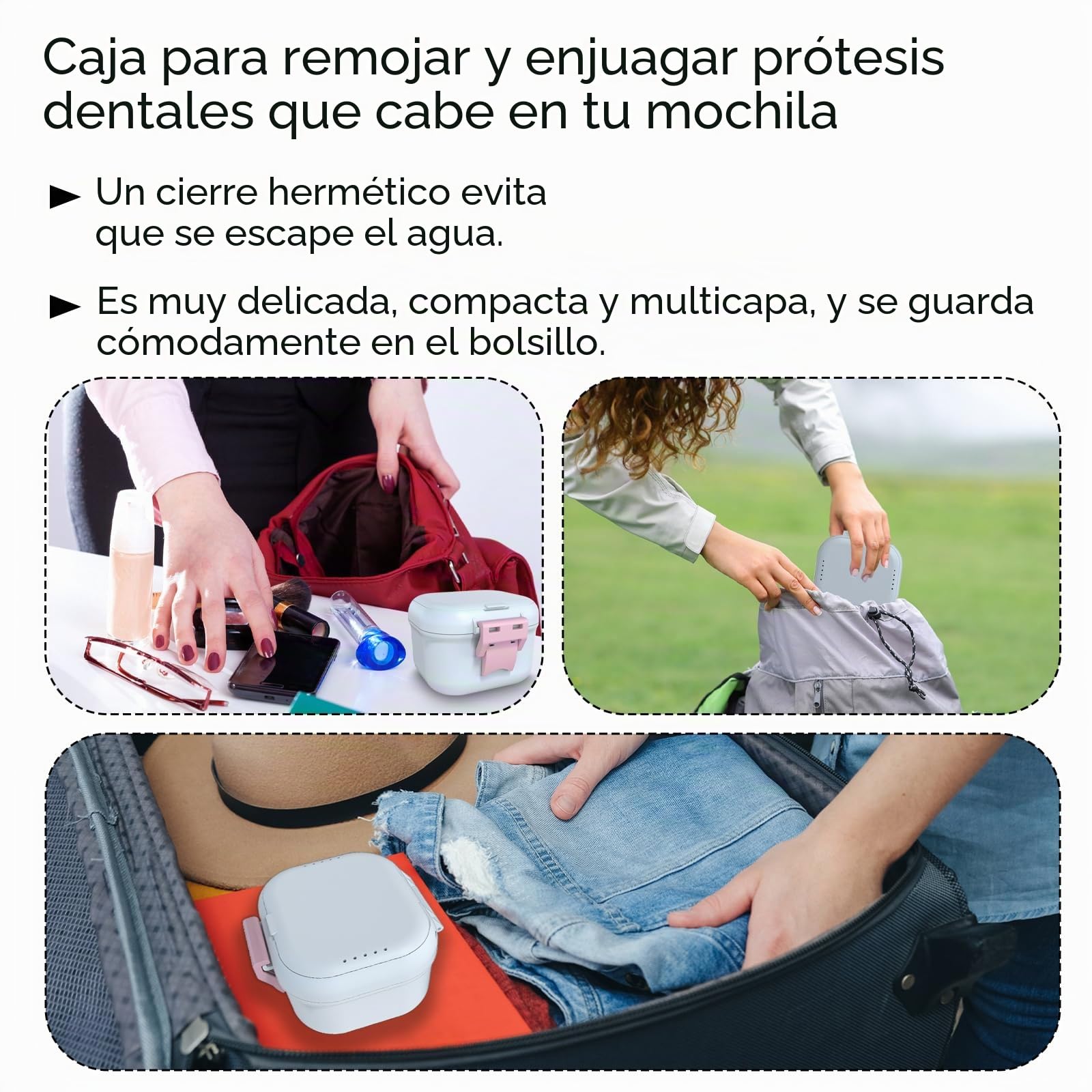BVN Caja de prótesis con colador y protección contra fugas, caja de doble capa para retenedores, dentaduras y guías de mordida, caja de limpieza portátil y almacenamiento de viaje