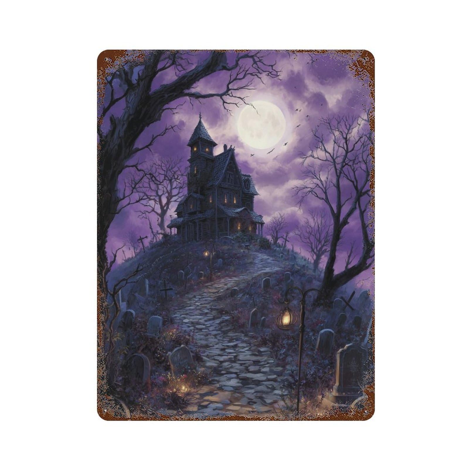 Halloween Haunted House Scene -2 Retro Metal Sign 15.7"x11.8", for Bistro, Counter And Cafe Decor, Rustic Home Decor