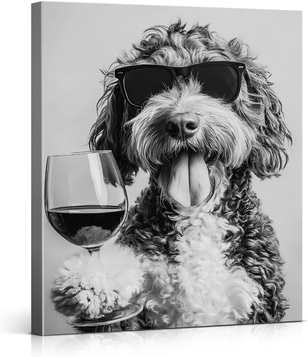 Funny Cockapoo Dog Wall Art Decor Black and White Dog Print Poster Modern Wall Decor for Home Living Room Kitchen Bedroom 8x10 Canvas Framed