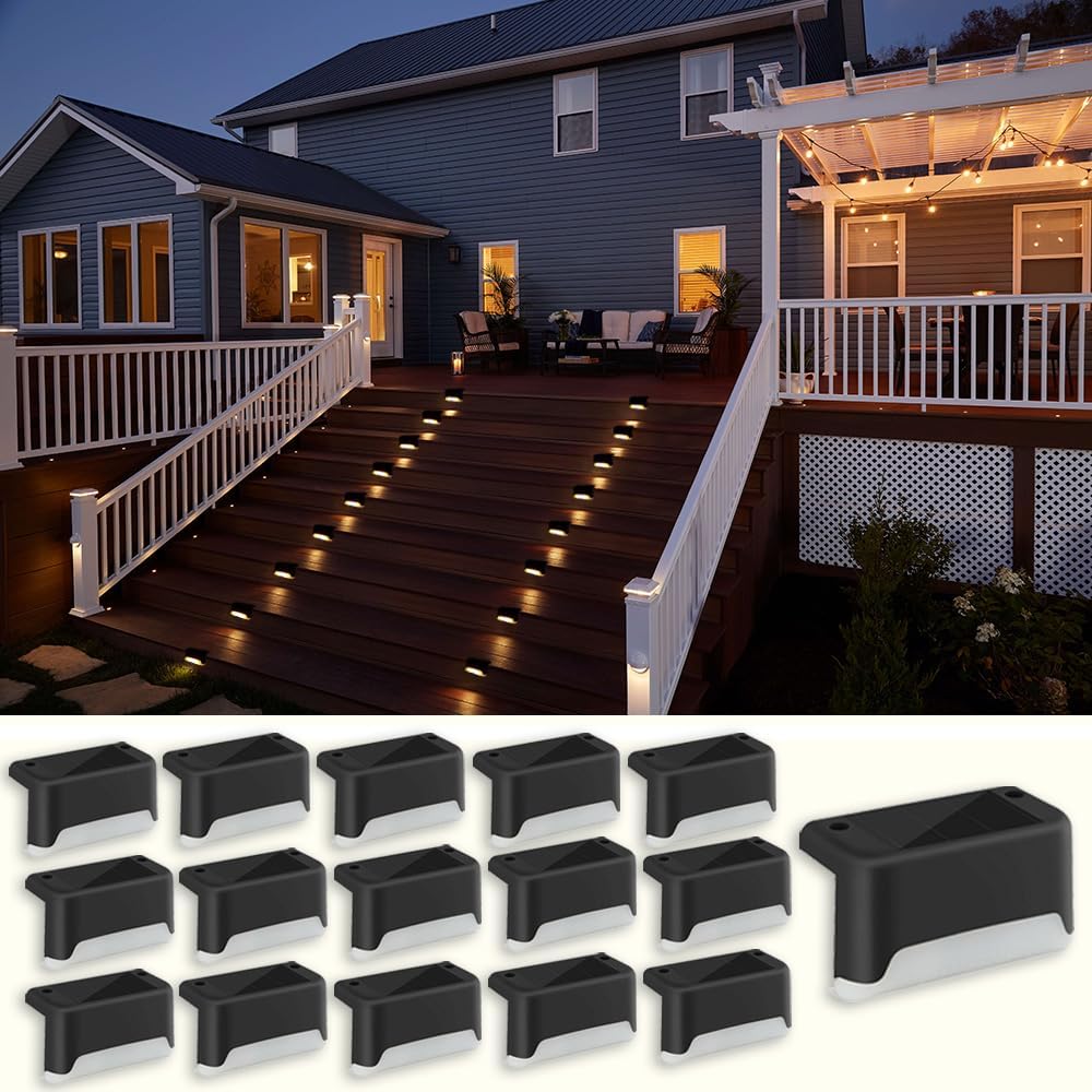 Solar Deck Lights Outdoor, 4 PCs LED Solar Fence Lights Waterproof, Garden Decorative Solar Step Lights, LED Solar Lights for Patio Porch Stairs Yard Driveway Pathway (Cool White, 16-Pack)
