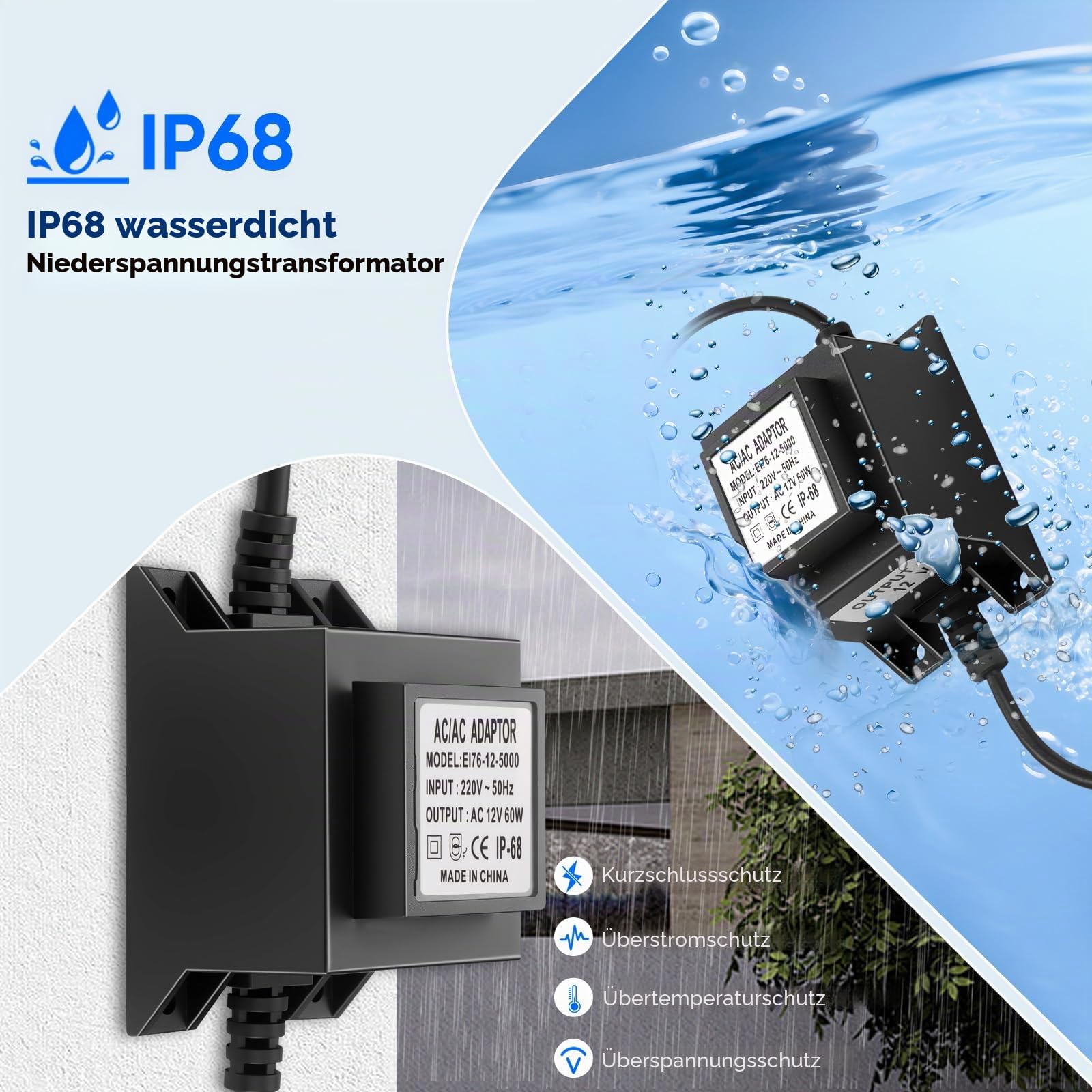 Transformator 230V auf 12V AC/AC, LED Trafo 60W 5A, Wasserdichte IP68 Netzteil für Gartenbeleuchtung, Brunnen und Pool