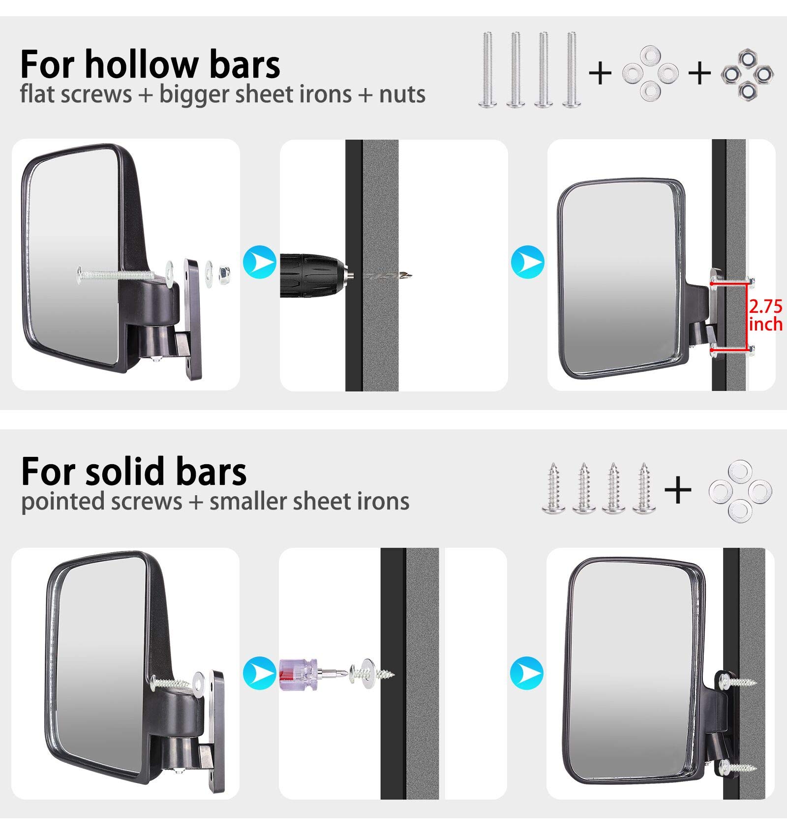 10L0L Universal Golf Cart Side Mirrors for Club Car, EZGO, Yamaha