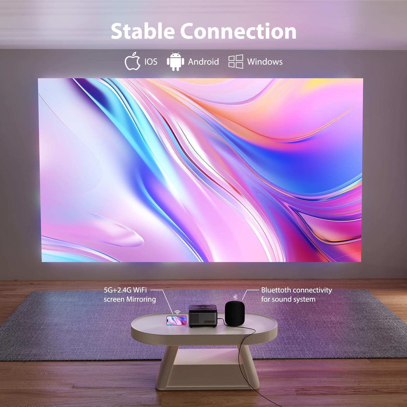 Vidéoprojecteur, Auto Focus/Keystone, 30000 Lumens 1080P FHD WiFi BT Video Projecteur 4K Supporté, Zoom 50%, Miracast pour Téléphone/PC, Projecteur Portable pour Réunion, Fêtes et Loisirs à Domicile