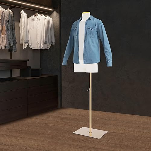Miniatura 3 de Torso de maniquí masculino con soporte de 27.56 a 51.18 pulgadas de altura ajustable con base de metal rectangular (dorado, 27.56-51.18 pulgadas)