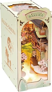 Rowood Book Nook Kits for Adults,3D Wooden Puzzle Bookend,Bookshelf Decor Insert Alley,DIY Miniature Booknook Model Craft Kits for Adults,Gifts with LED on Birthday ChristmasFalling Sakura