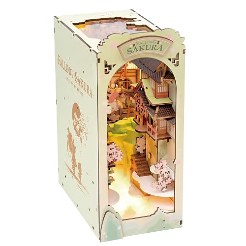 Rowood Book Nook Kits for Adults,3D Wooden Puzzle Bookend,Bookshelf Decor Insert Alley,DIY Miniature Booknook Model Craft Kits for Adults,Gifts with LED on Birthday Christmas(Falling Sakura)