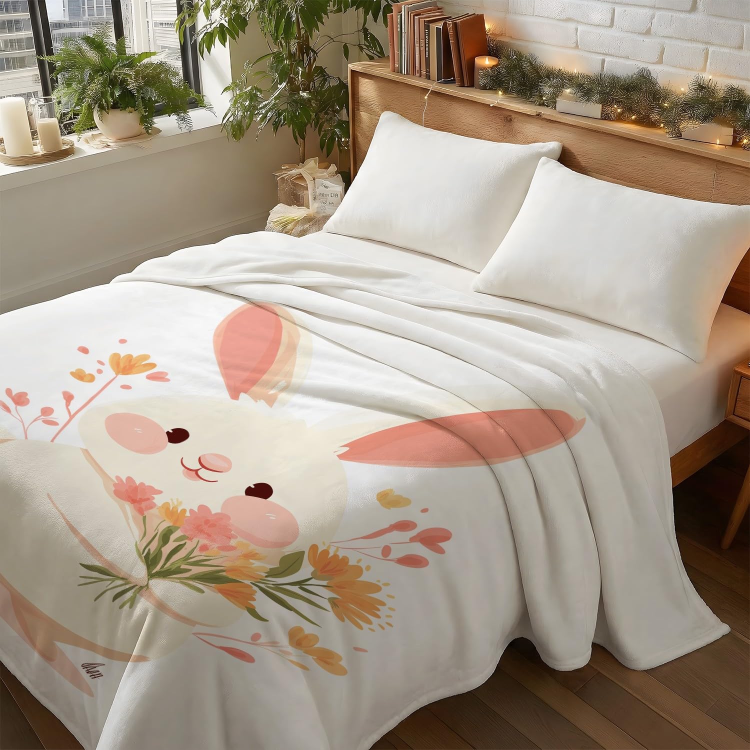 Generisch Koc z kreskówki 150 x 180 cm – bardzo gruby i miękki, biało-beżowy, minimalistyczny, świeży królik, puszysty koc do salonu, na sofę, do sypialni i na łóżko