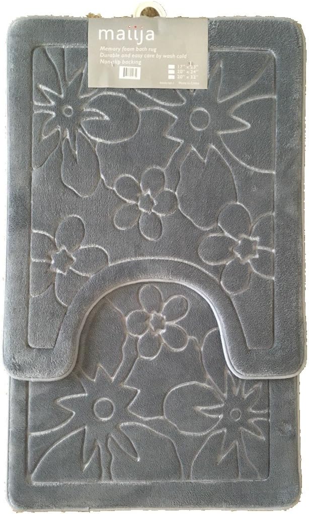 maiija Non-slip Embossed Memory Foam Contour Bathmat Set (20x24"+20x23")_Flower ( Dark Grey )