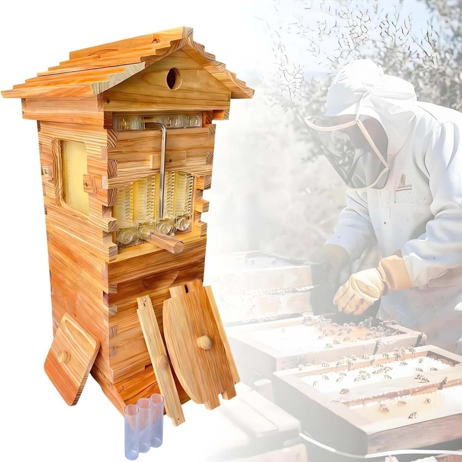 Selbstfließender Honigstock mit 4 Fließrahmen und 6 Brutkästen, Mini-Holz-Design, Honig fließt natürlich mit Schlüsseldrehung für einfache Ernte